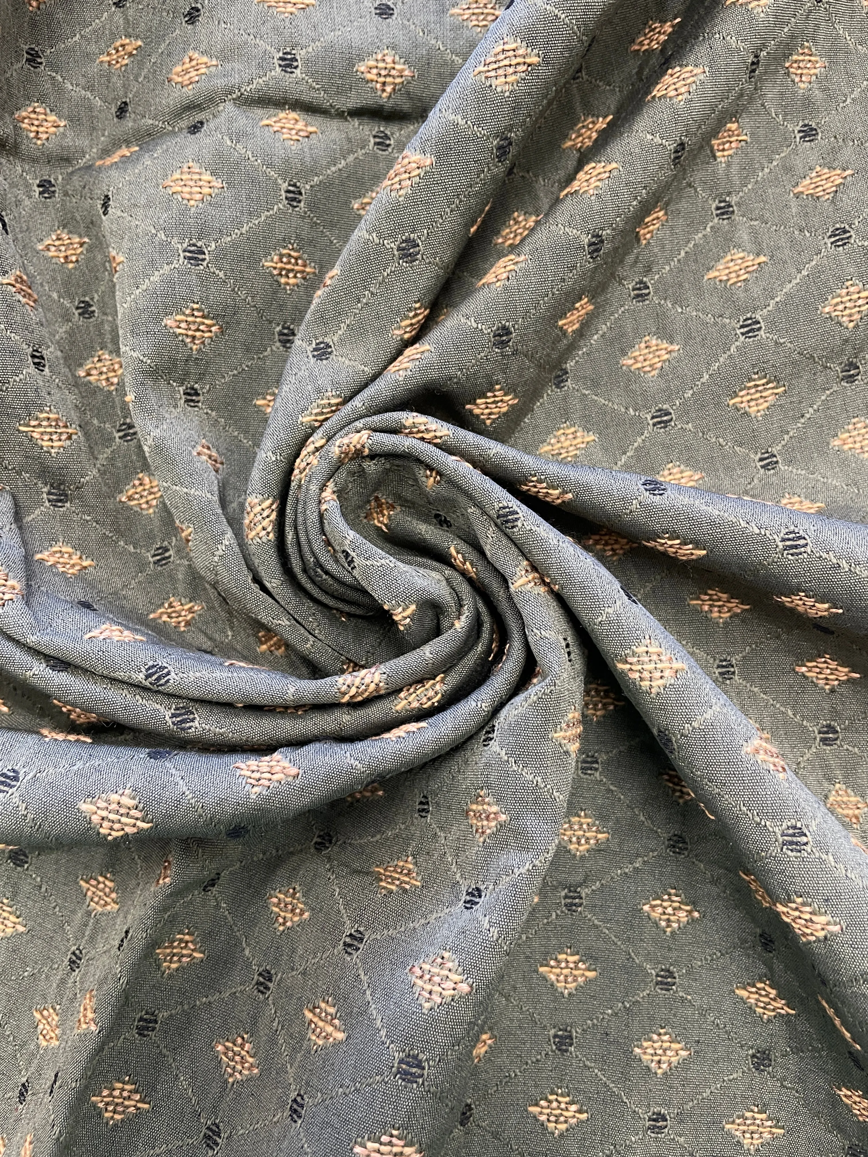 1 3/8 YD Cotton Blend Brocade - Army Green and Tan with Black Dots