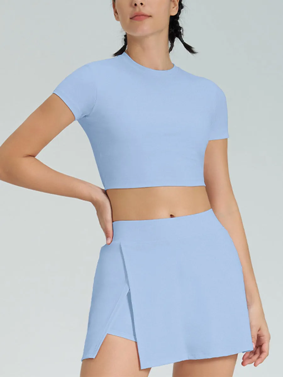 2pcs Crop Top Sports Skirt Color Contrast Yoga Suit Workout Set Women Tennis Set