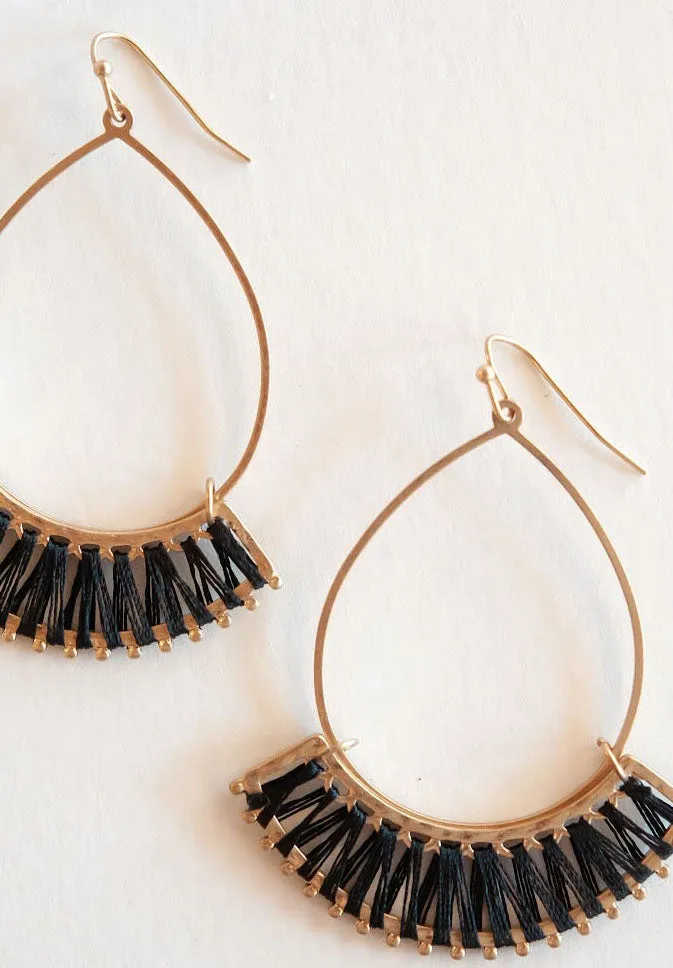 Addison Gold and Black Teardrop Earrings | Brushed Gold Whipstitch Drop Dangle