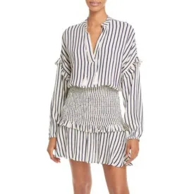 AQUA Women's White & Navy Blue Striped Smock Waist Dress, Size Medium