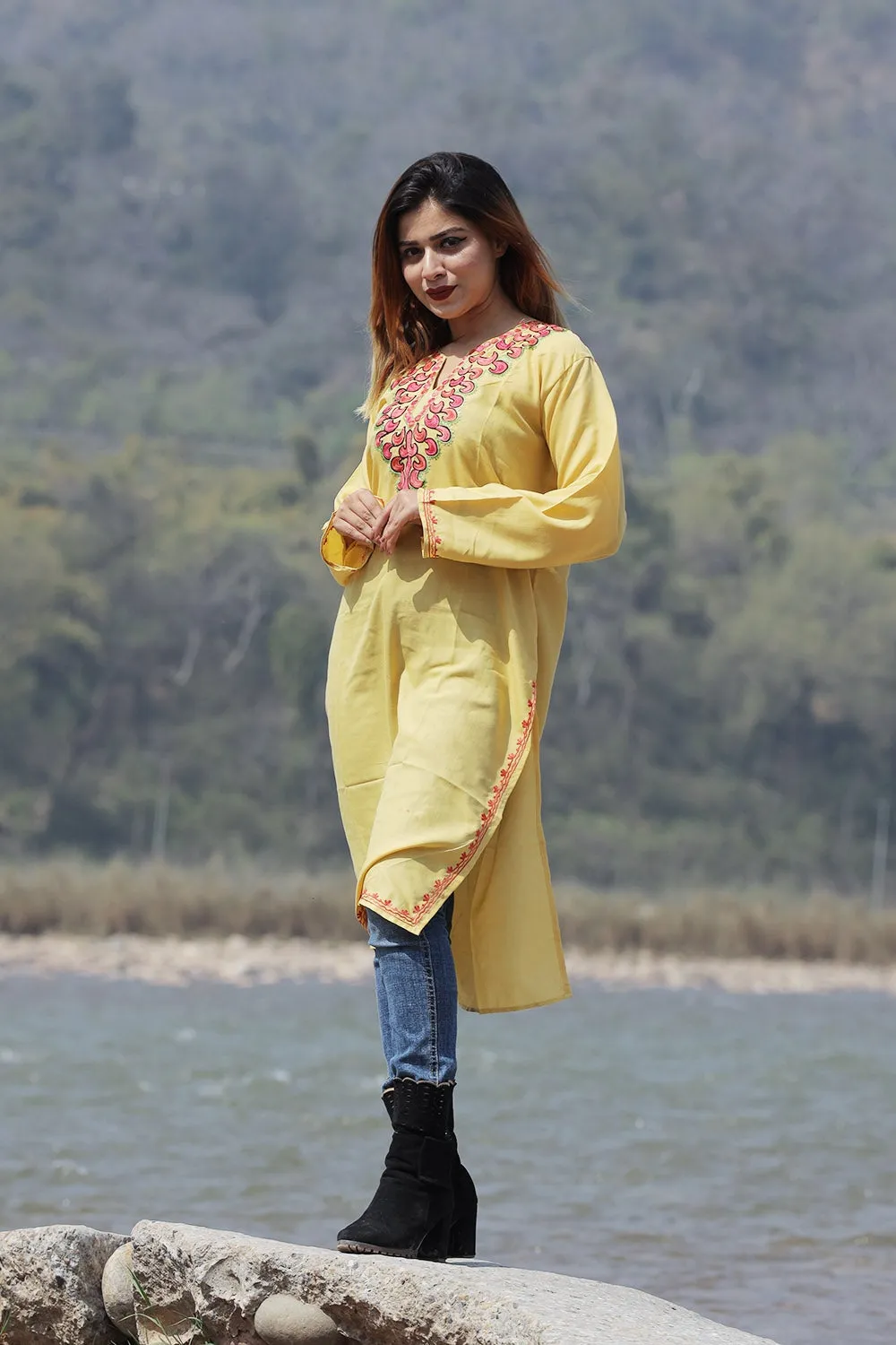Attractive Yellow Colour Cotton Kurti With Beautiful Aari Embroidery Gives Attractive Look To The Wearer.