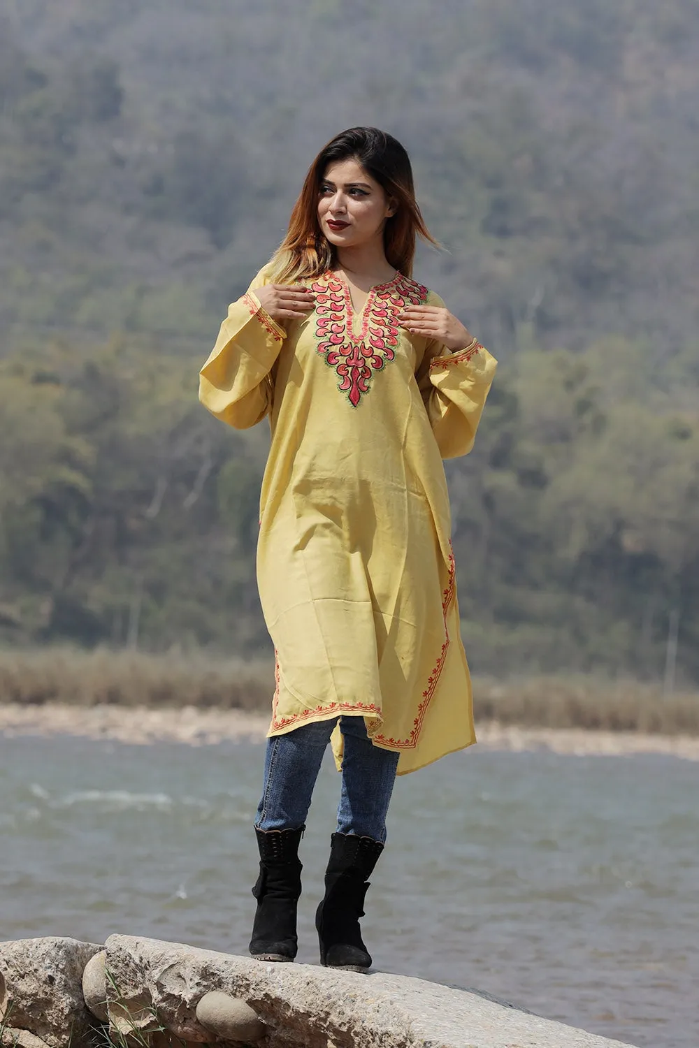 Attractive Yellow Colour Cotton Kurti With Beautiful Aari Embroidery Gives Attractive Look To The Wearer.
