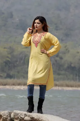 Attractive Yellow Colour Cotton Kurti With Beautiful Aari Embroidery Gives Attractive Look To The Wearer.