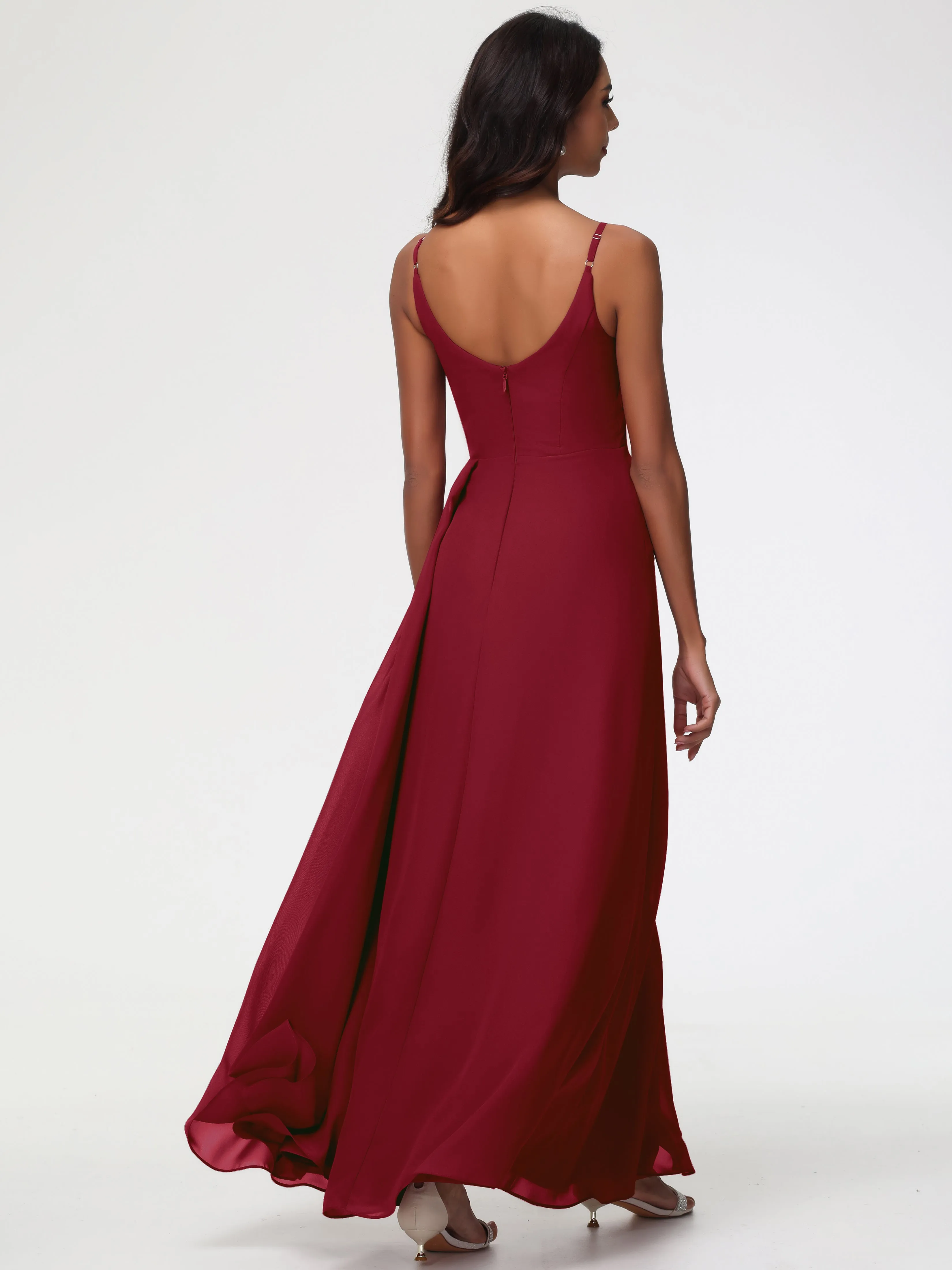 Burgundy Bridesmaids A-Line V-Neck Spaghetti Straps Ruched Chiffon Bridesmaid Dresses With Slit