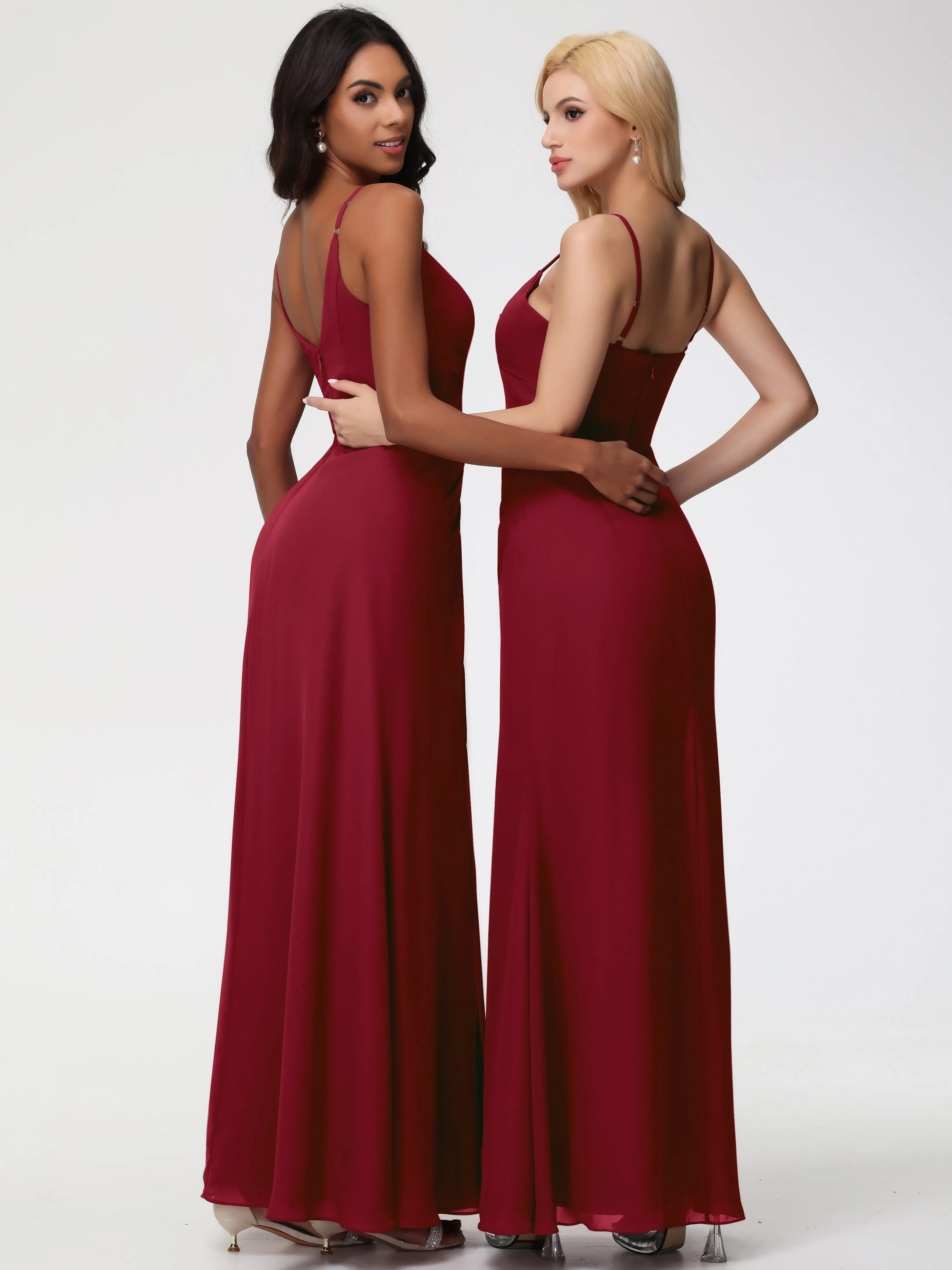 Burgundy Bridesmaids A-Line V-Neck Spaghetti Straps Ruched Chiffon Bridesmaid Dresses With Slit