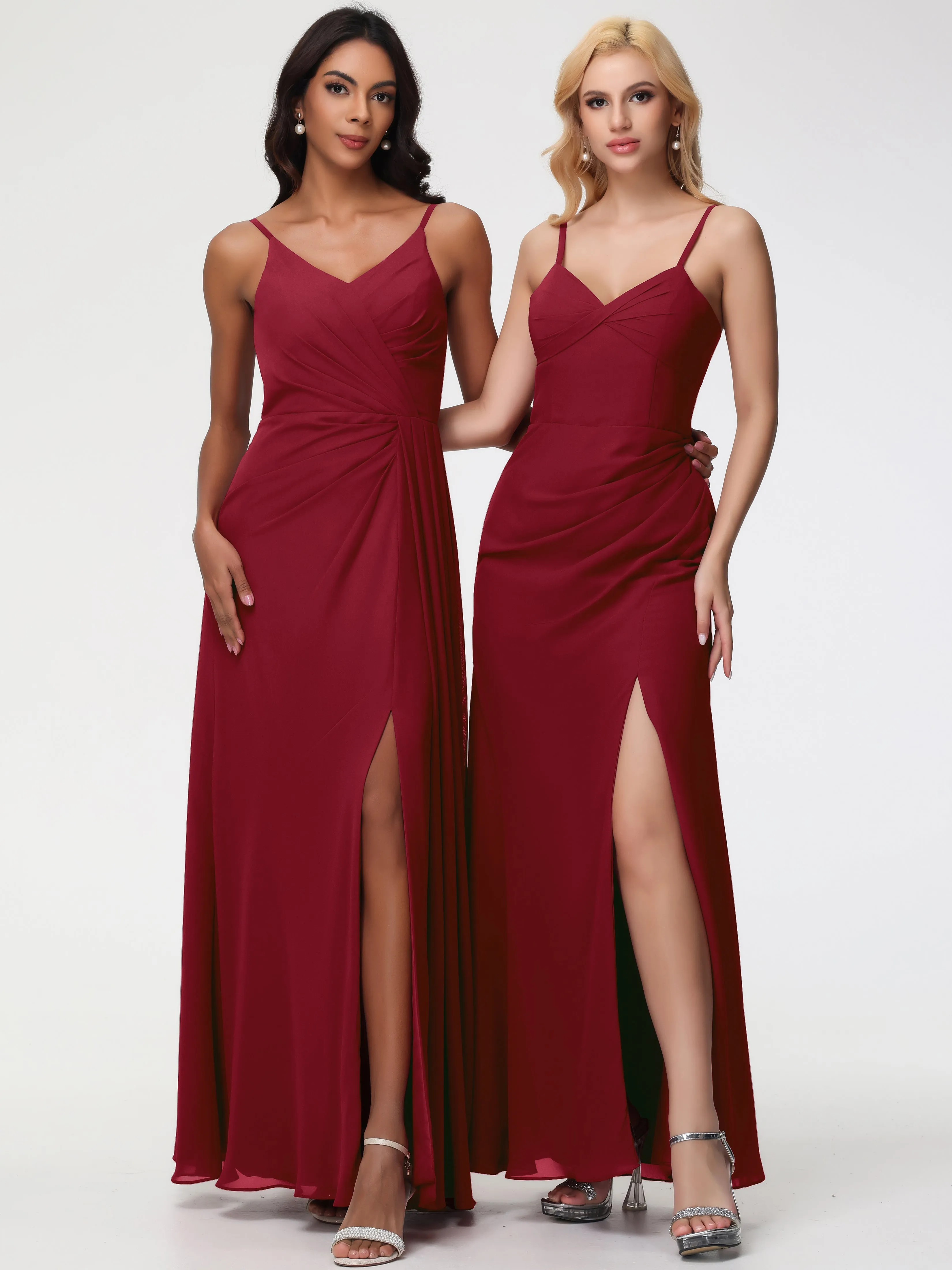 Burgundy Bridesmaids A-Line V-Neck Spaghetti Straps Ruched Chiffon Bridesmaid Dresses With Slit