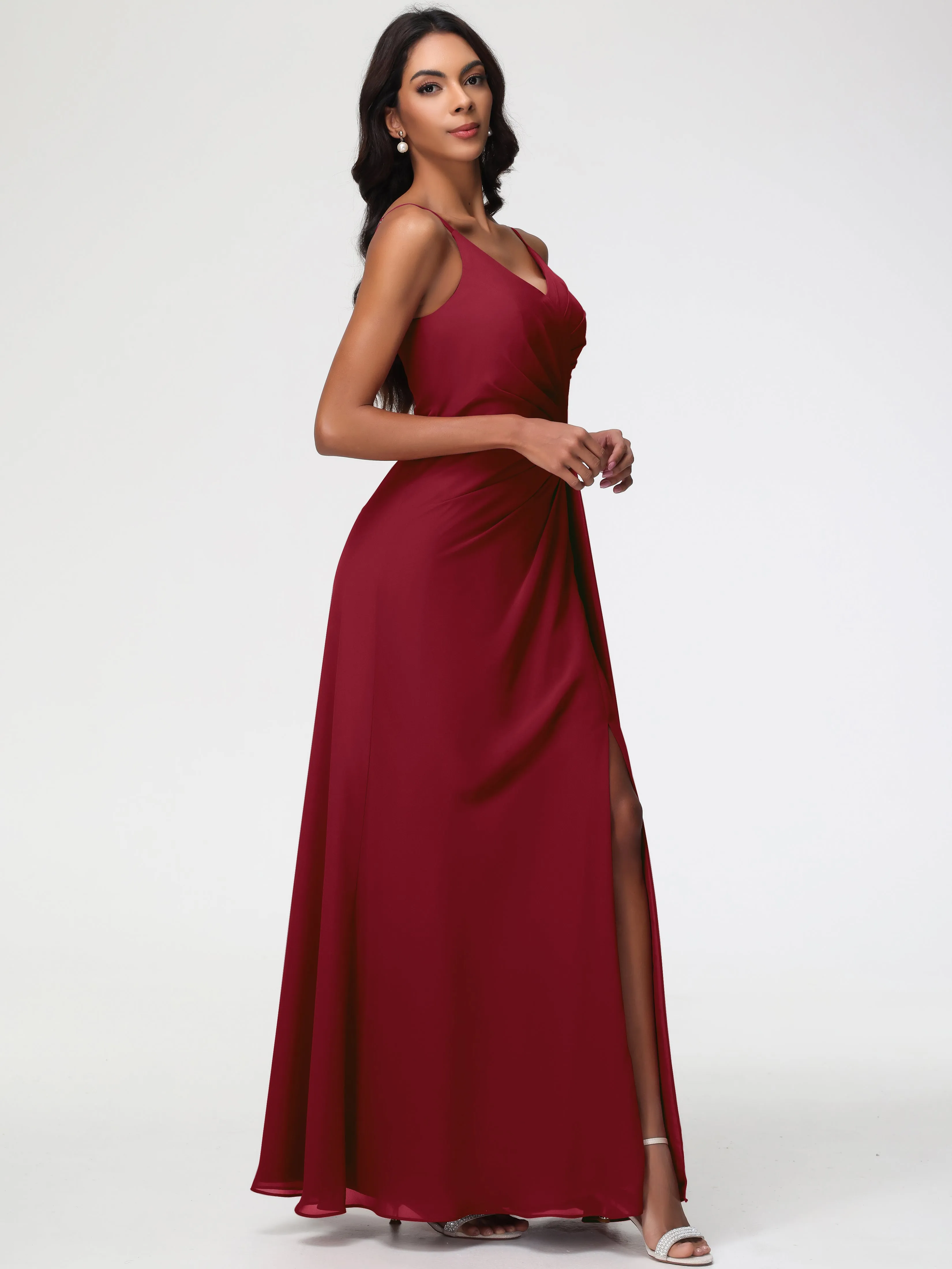 Burgundy Bridesmaids A-Line V-Neck Spaghetti Straps Ruched Chiffon Bridesmaid Dresses With Slit