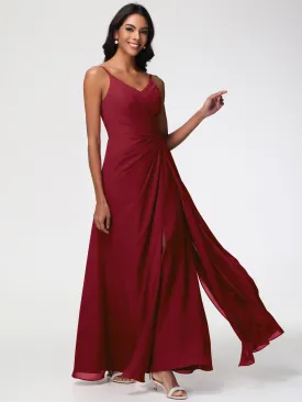 Burgundy Bridesmaids A-Line V-Neck Spaghetti Straps Ruched Chiffon Bridesmaid Dresses With Slit