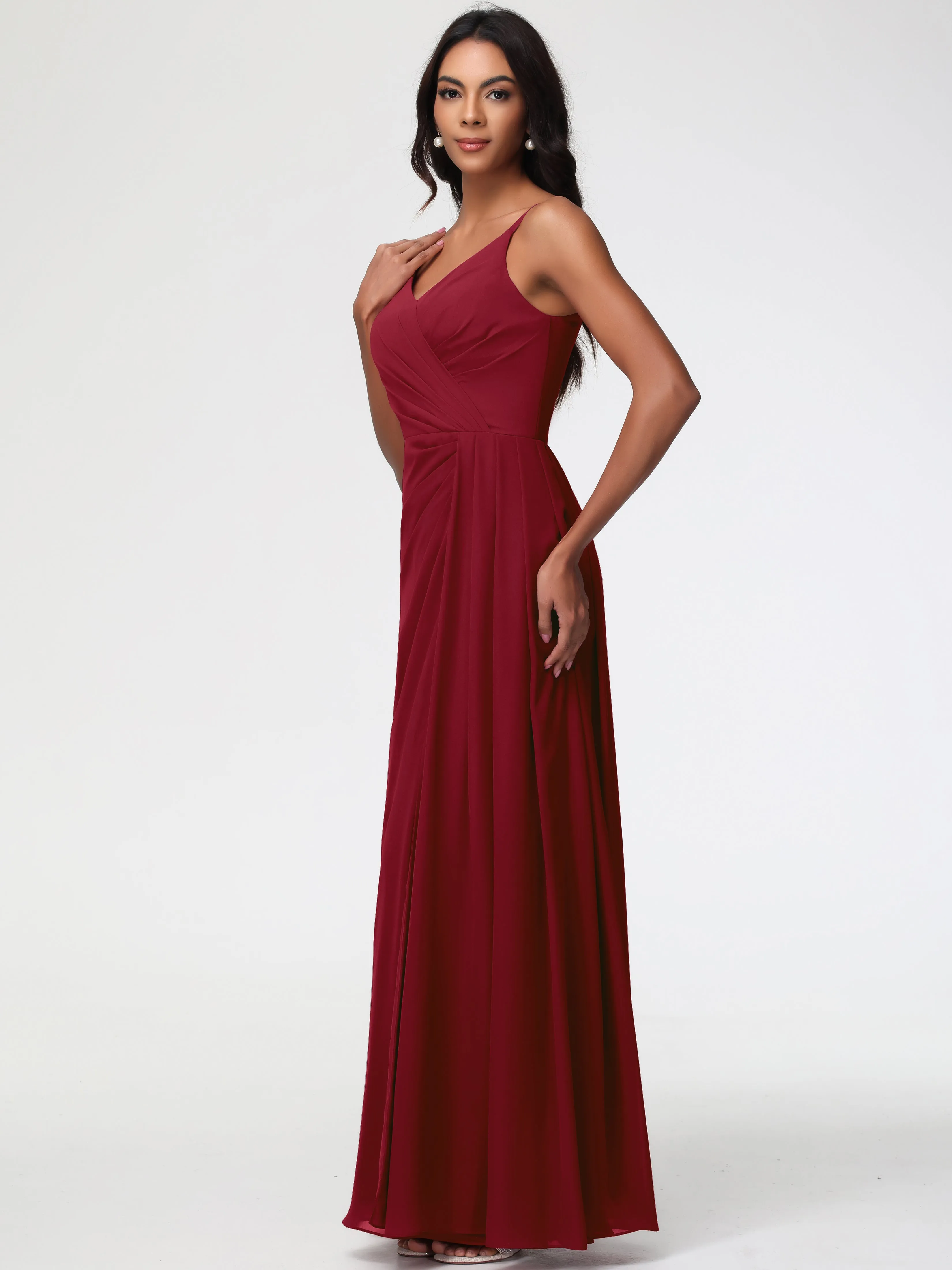 Burgundy Bridesmaids A-Line V-Neck Spaghetti Straps Ruched Chiffon Bridesmaid Dresses With Slit
