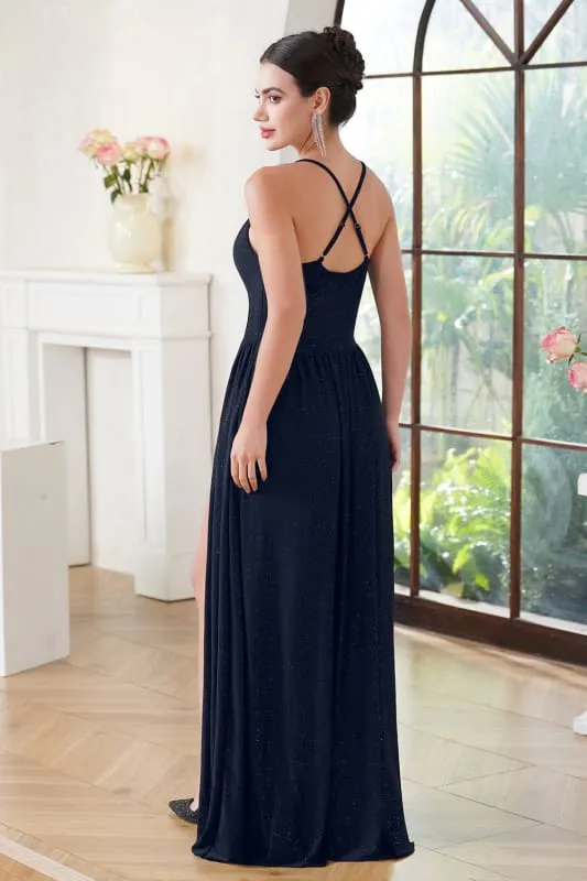 Chic Spaghetti Straps Glitter Prom Dress Side Split Sleeveless V-Neck Aline Long Evening Dress