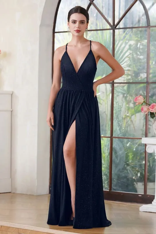 Chic Spaghetti Straps Glitter Prom Dress Side Split Sleeveless V-Neck Aline Long Evening Dress