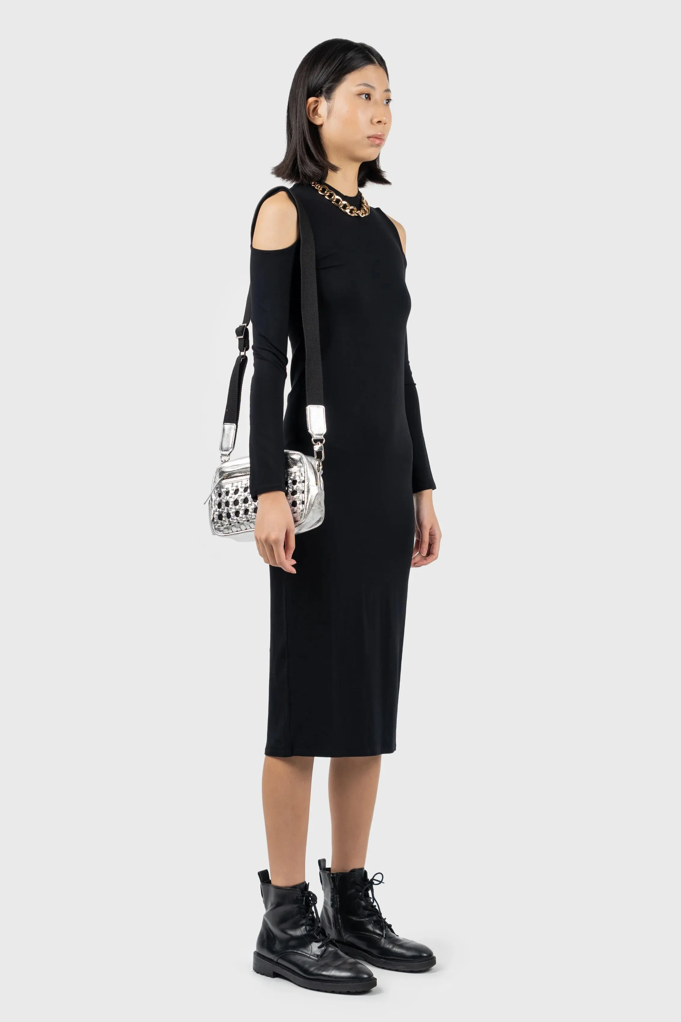 Cold Shoulder High Neck Midi Dress
