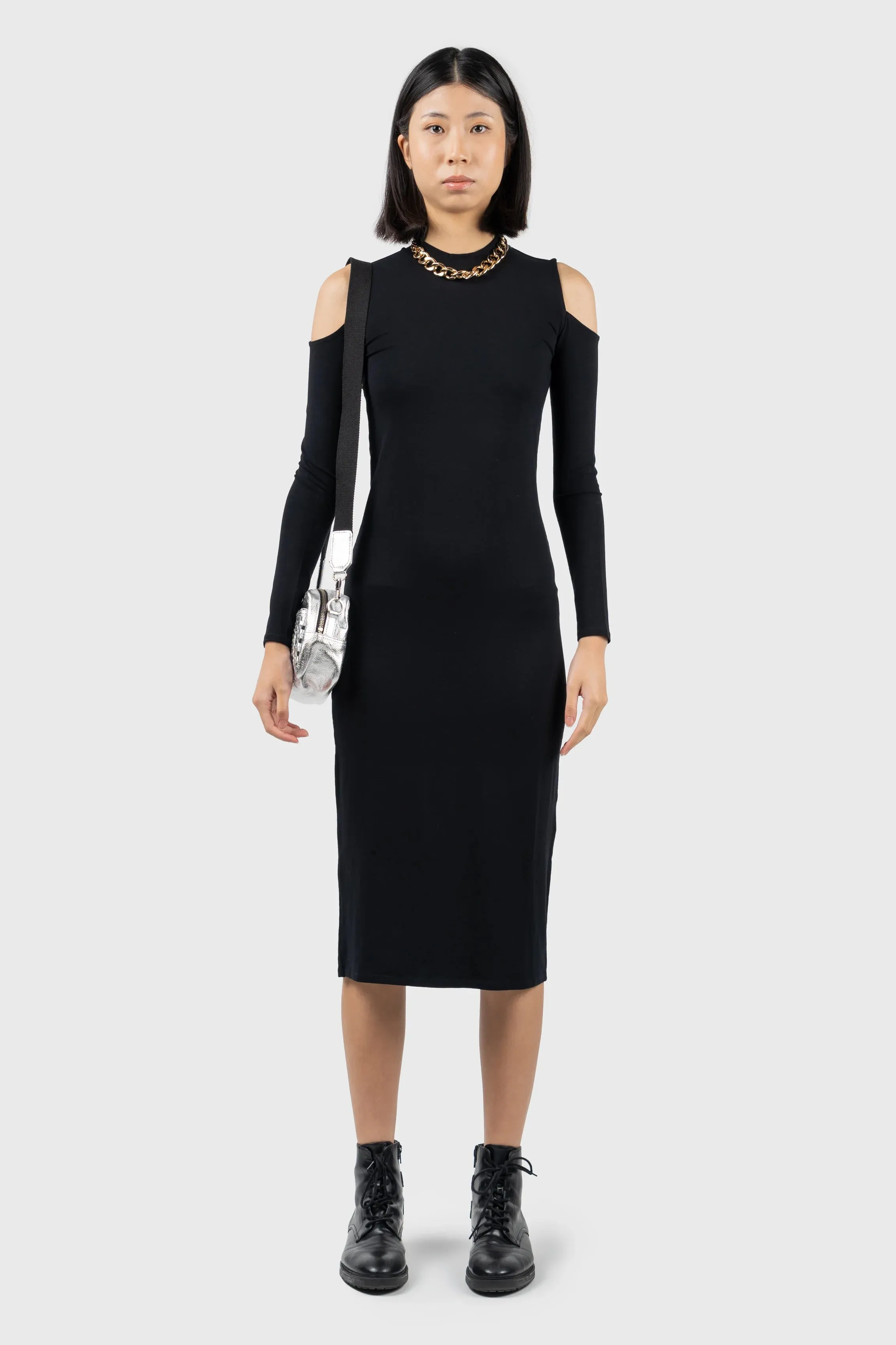 Cold Shoulder High Neck Midi Dress