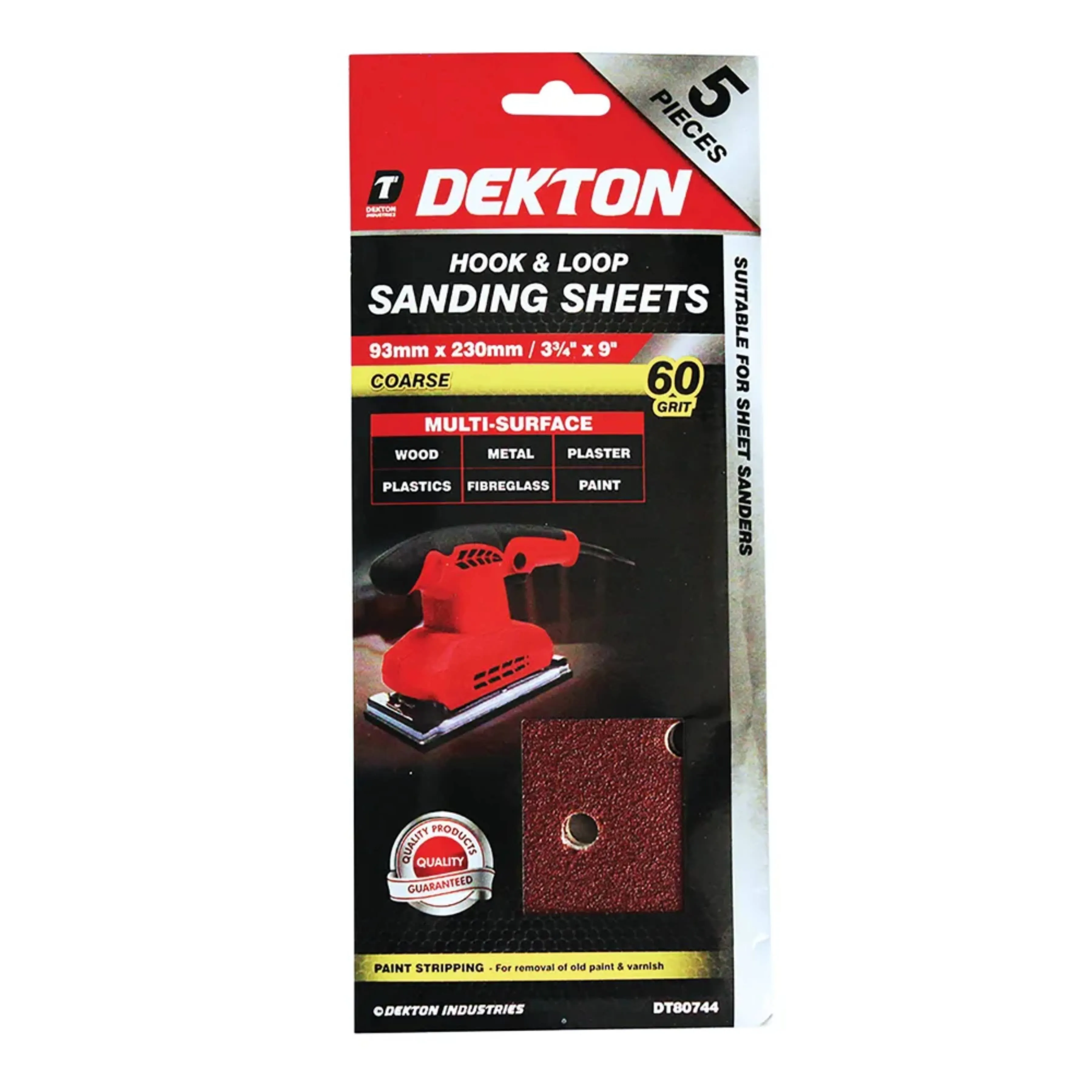 DEKTON 5PC Hook and Loop Sanding Sheets 93mm x 230mm - Coarse 60 Grit
