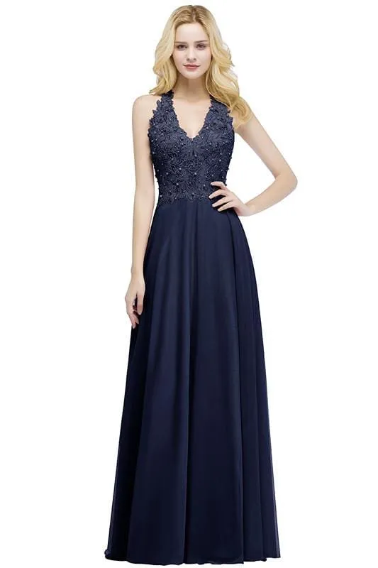 Dusty Rose Evening Dress Lace Chiffon Long Bridesmaid Dresses