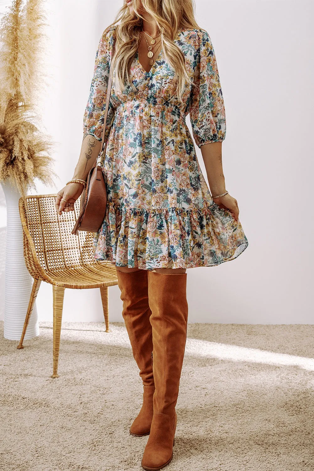 Floral 3/4 Sleeve V-Neck Ruffled Dress