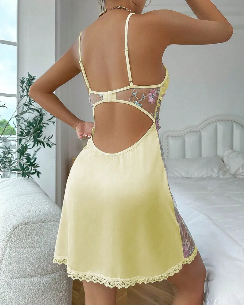 Floral Lace Open Back Satin Nightgown