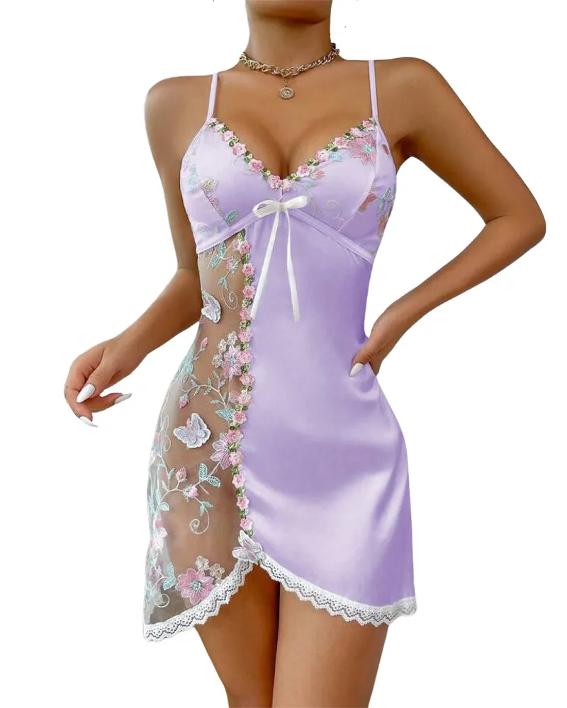 Floral Lace Open Back Satin Nightgown