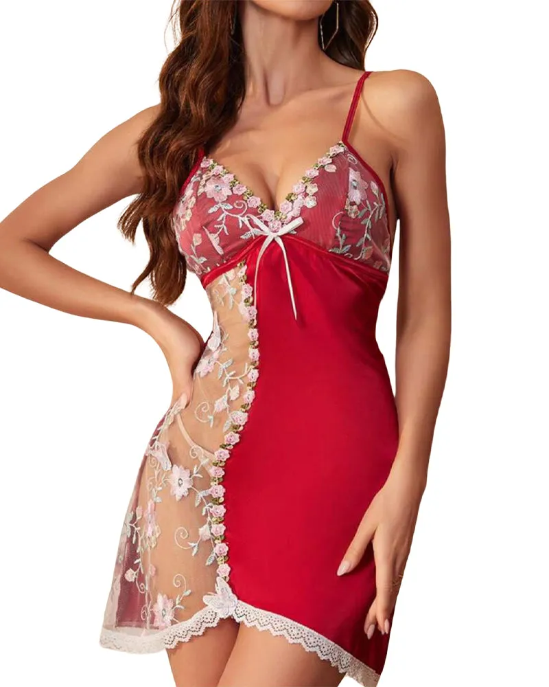 Floral Lace Open Back Satin Nightgown