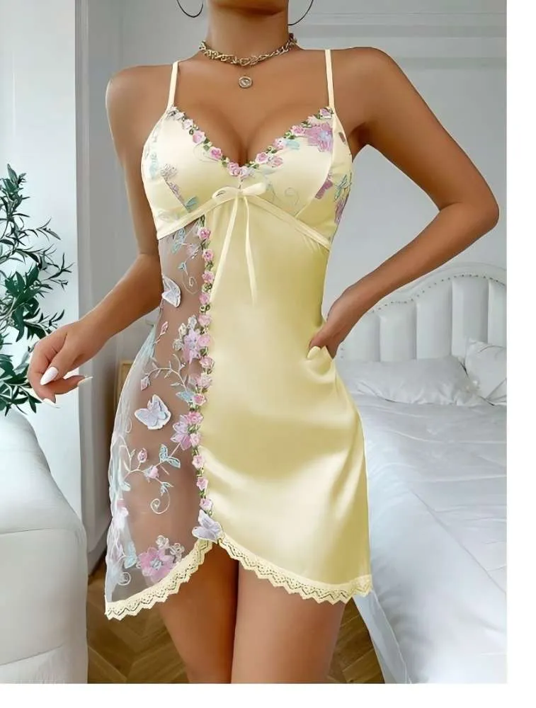 Floral Lace Open Back Satin Nightgown