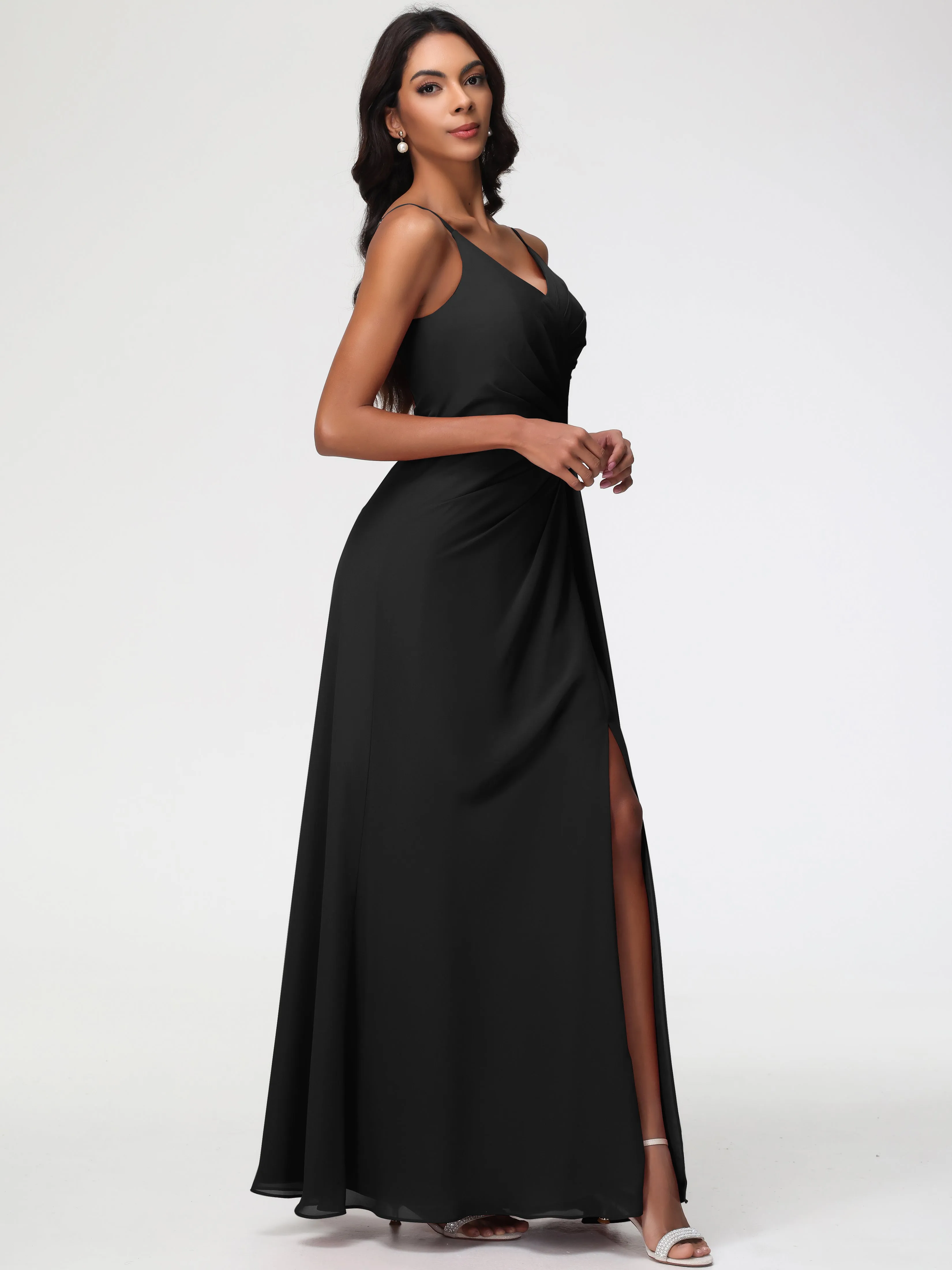 Girls Black Bridesmaid Dress A-Line V-Neck Spaghetti Straps Ruched Chiffon Bridesmaid Dresses With Slit