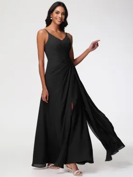 Girls Black Bridesmaid Dress A-Line V-Neck Spaghetti Straps Ruched Chiffon Bridesmaid Dresses With Slit