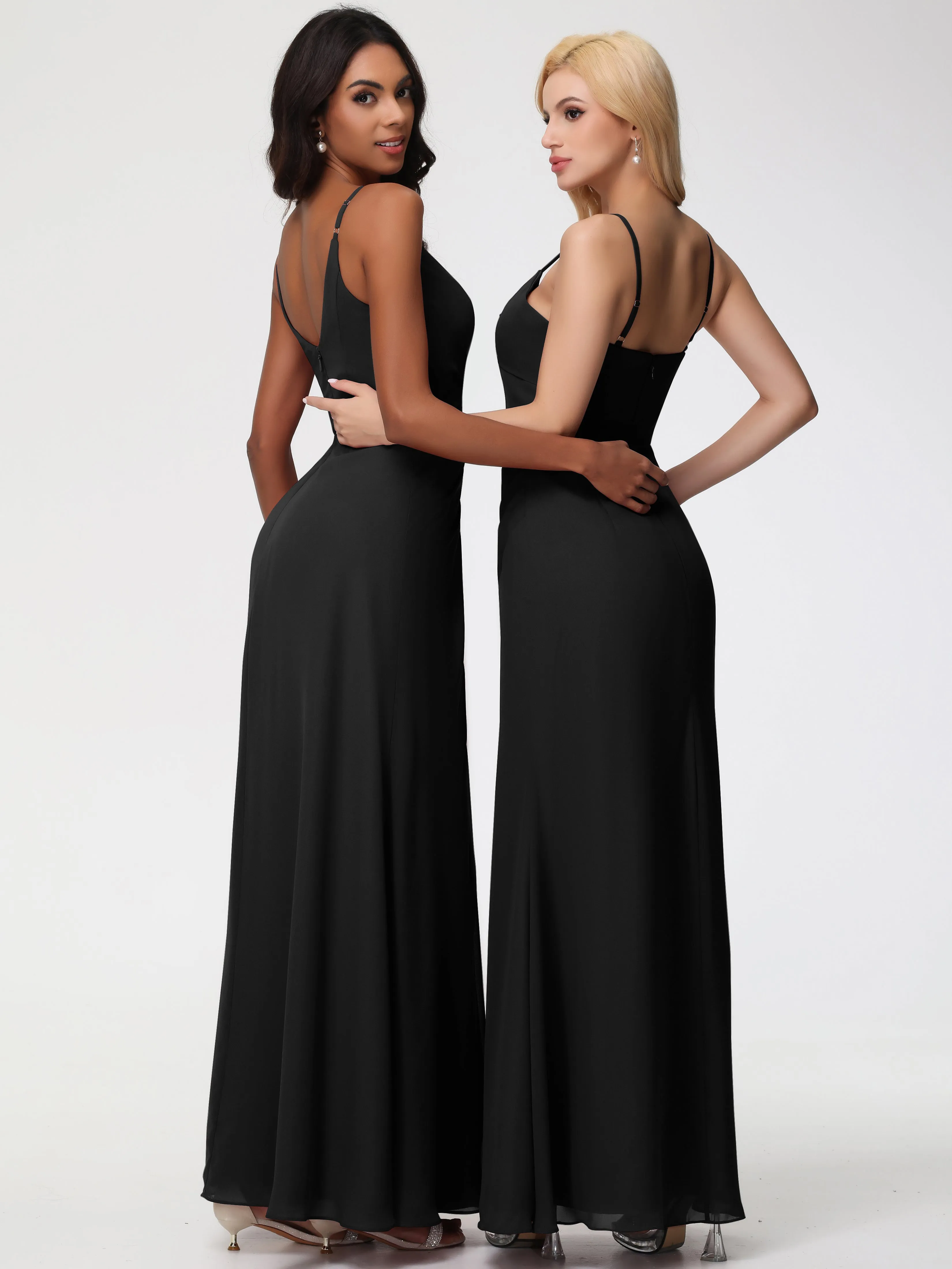Girls Black Bridesmaid Dress A-Line V-Neck Spaghetti Straps Ruched Chiffon Bridesmaid Dresses With Slit