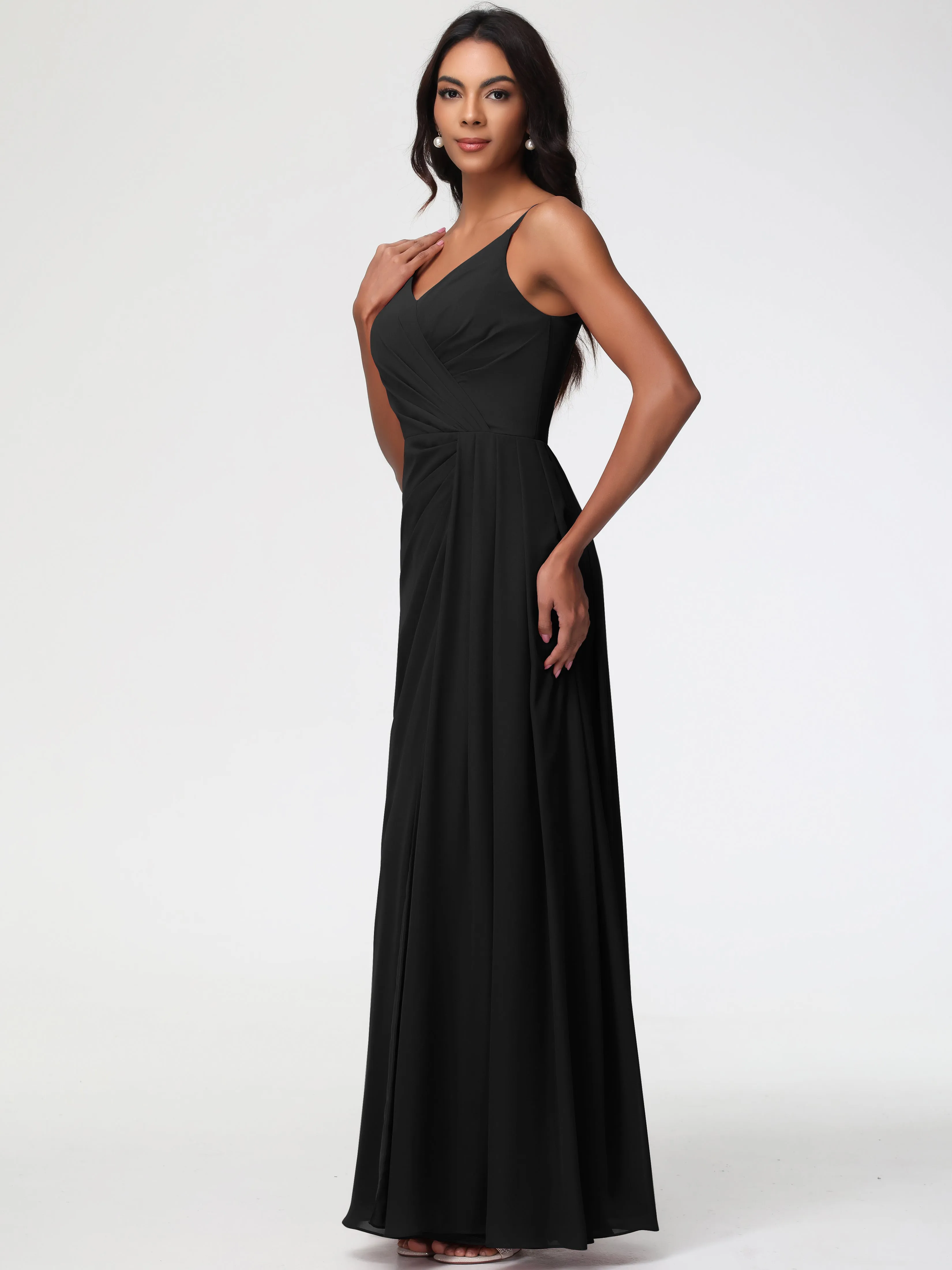 Girls Black Bridesmaid Dress A-Line V-Neck Spaghetti Straps Ruched Chiffon Bridesmaid Dresses With Slit