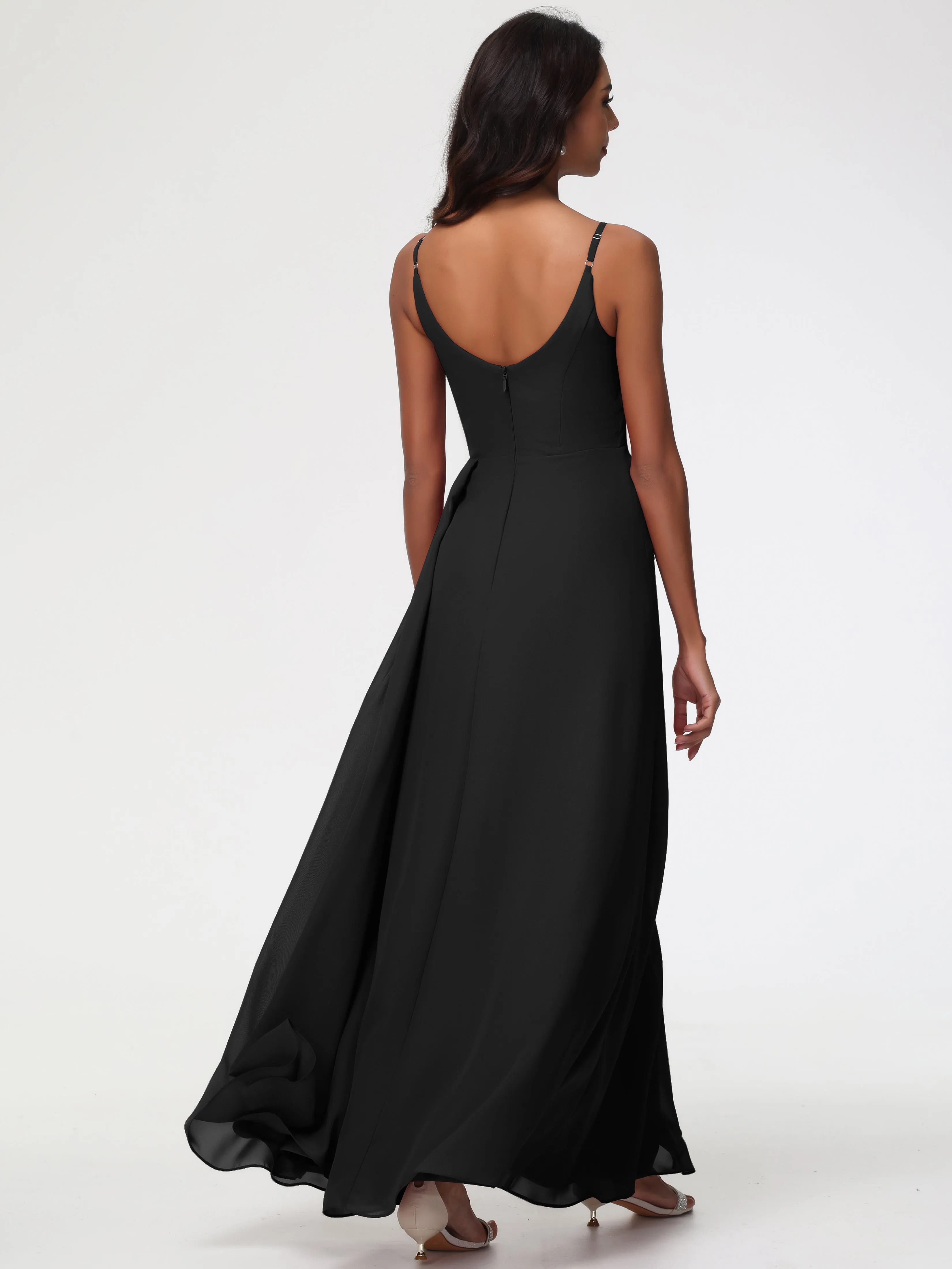 Girls Black Bridesmaid Dress A-Line V-Neck Spaghetti Straps Ruched Chiffon Bridesmaid Dresses With Slit