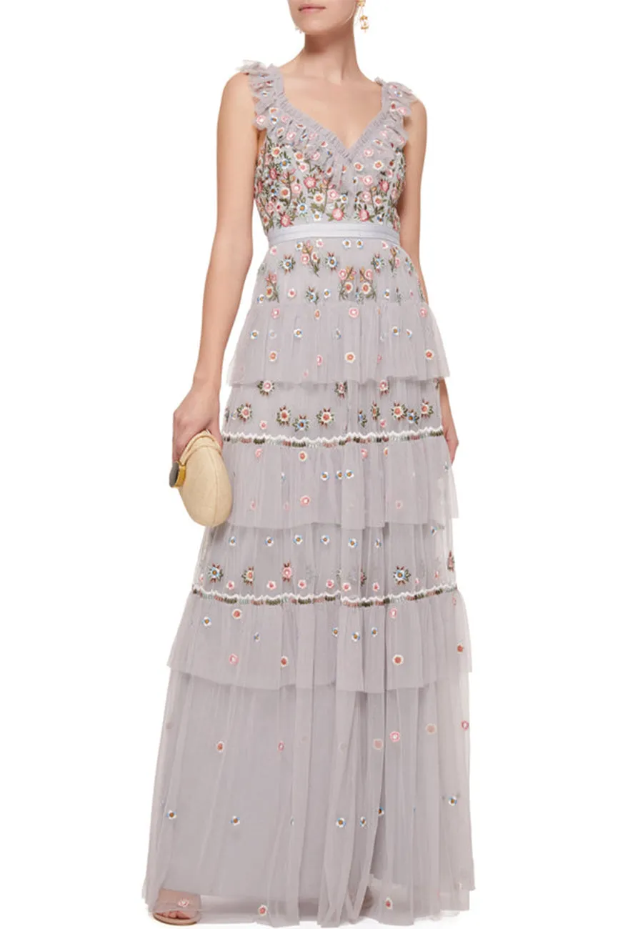 Light Grey Whimsical Ruffled Neckline Floral Embroidered Gown