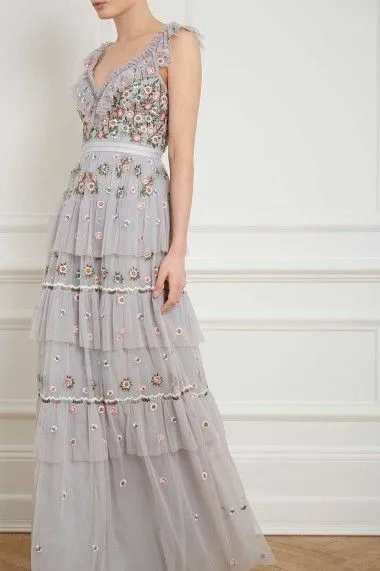 Light Grey Whimsical Ruffled Neckline Floral Embroidered Gown