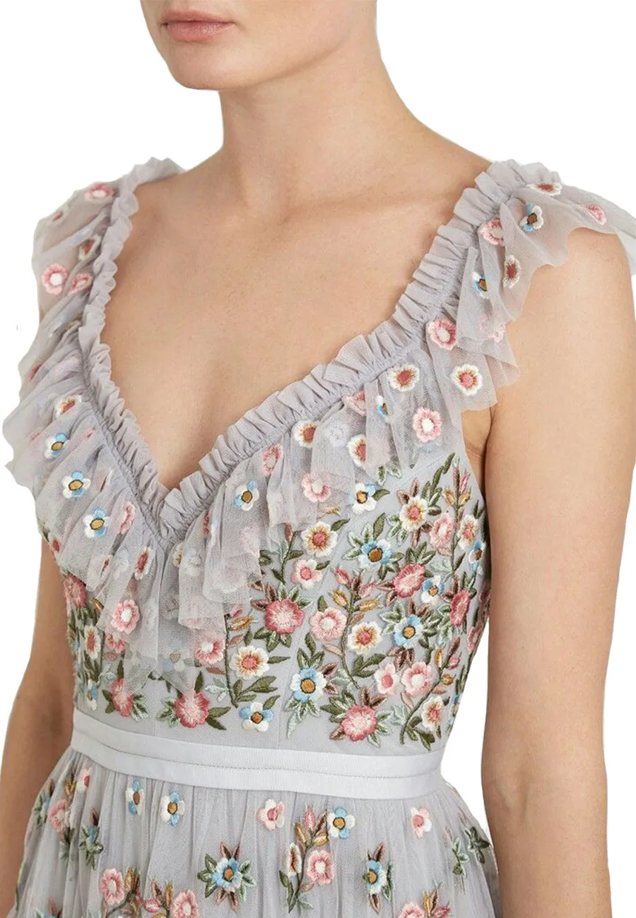 Light Grey Whimsical Ruffled Neckline Floral Embroidered Gown