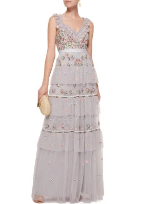 Light Grey Whimsical Ruffled Neckline Floral Embroidered Gown