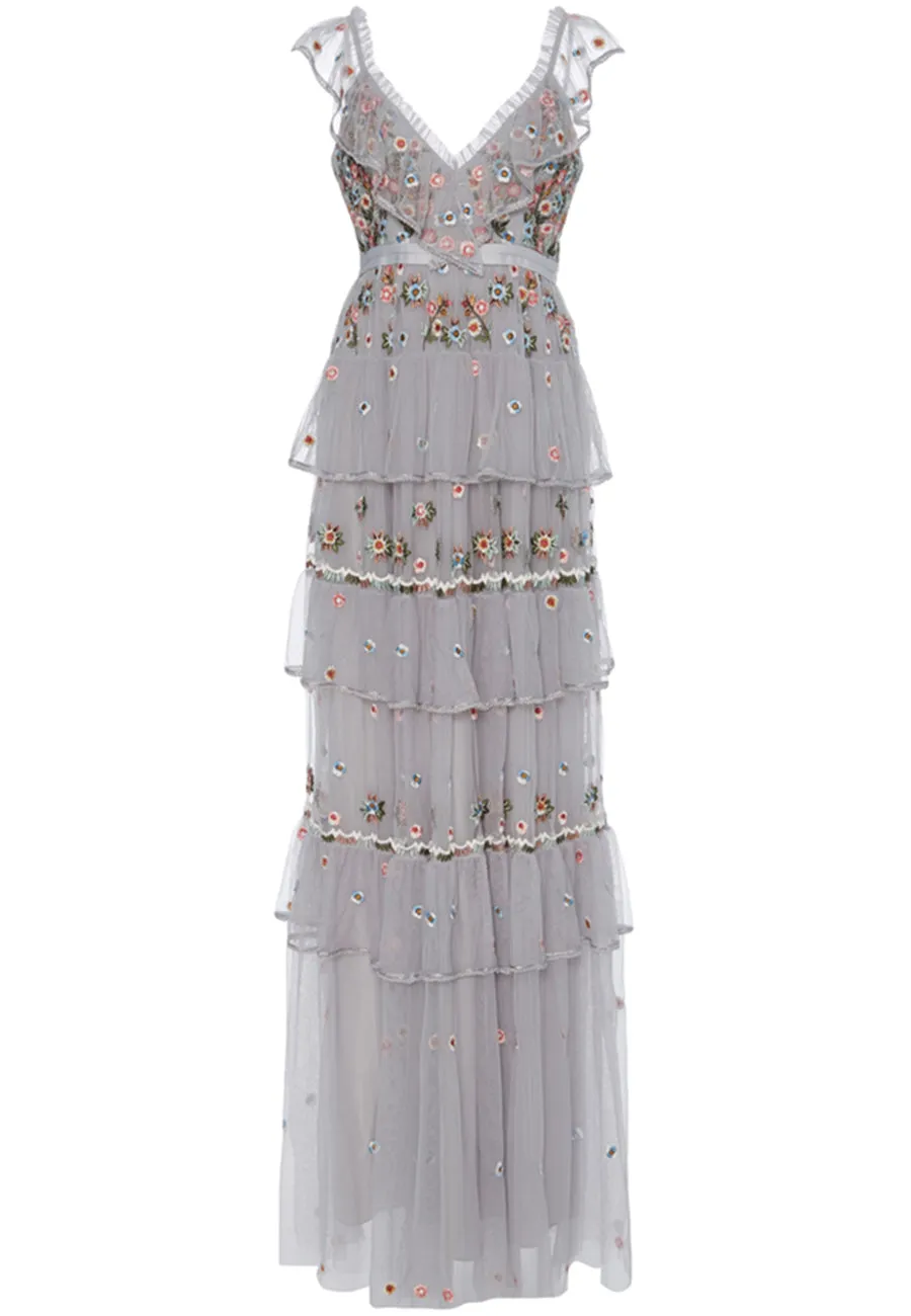 Light Grey Whimsical Ruffled Neckline Floral Embroidered Gown