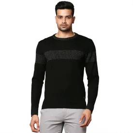 Men Black Intarsia Wool Blend Round Collar Sweaters