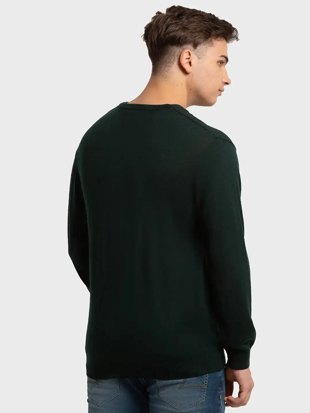 Men Green Tailored Fit Structure Merino Wool Acrylic Blend Full Sleeve V Neck Collar Sweaters