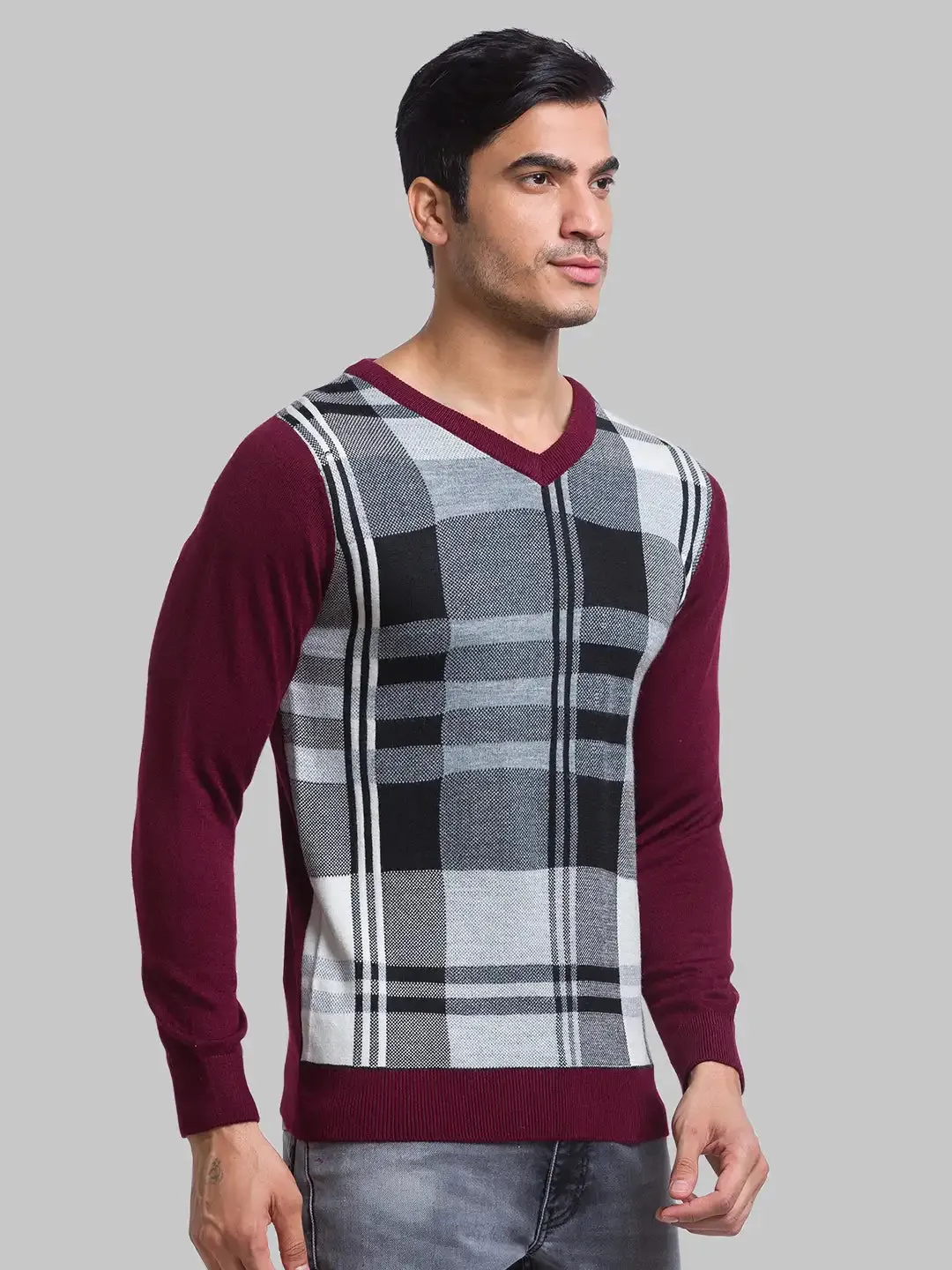 Men Maroon Yarn Dyed Acrylic Blend Full Sleeve Sweaters