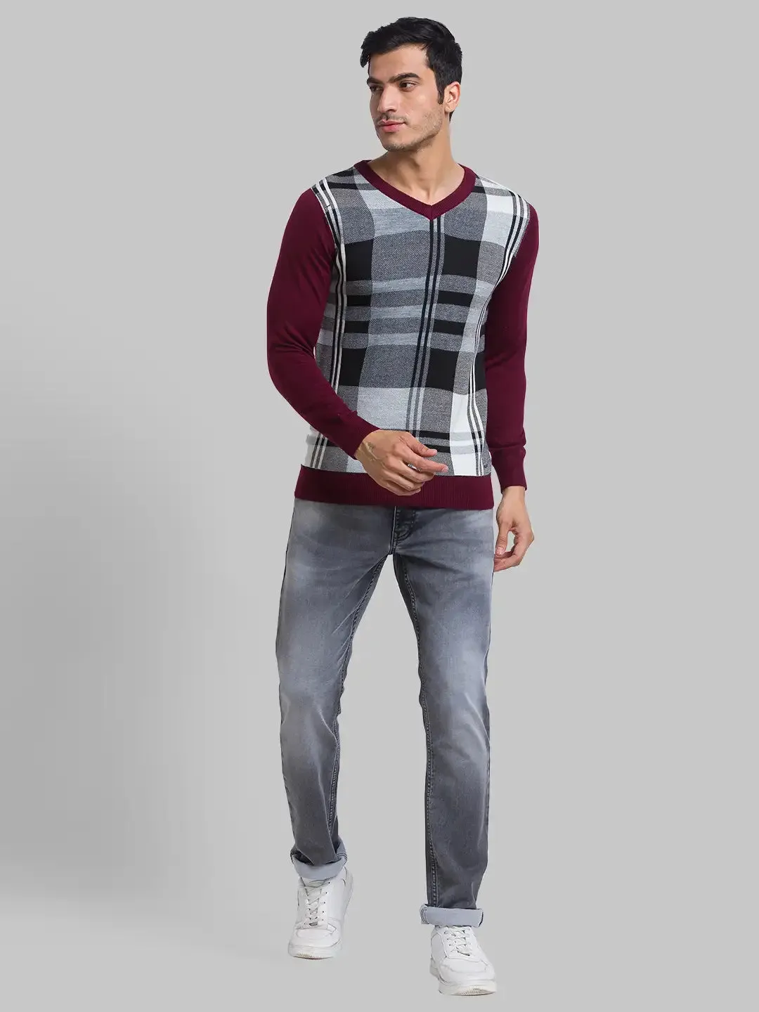 Men Maroon Yarn Dyed Acrylic Blend Full Sleeve Sweaters