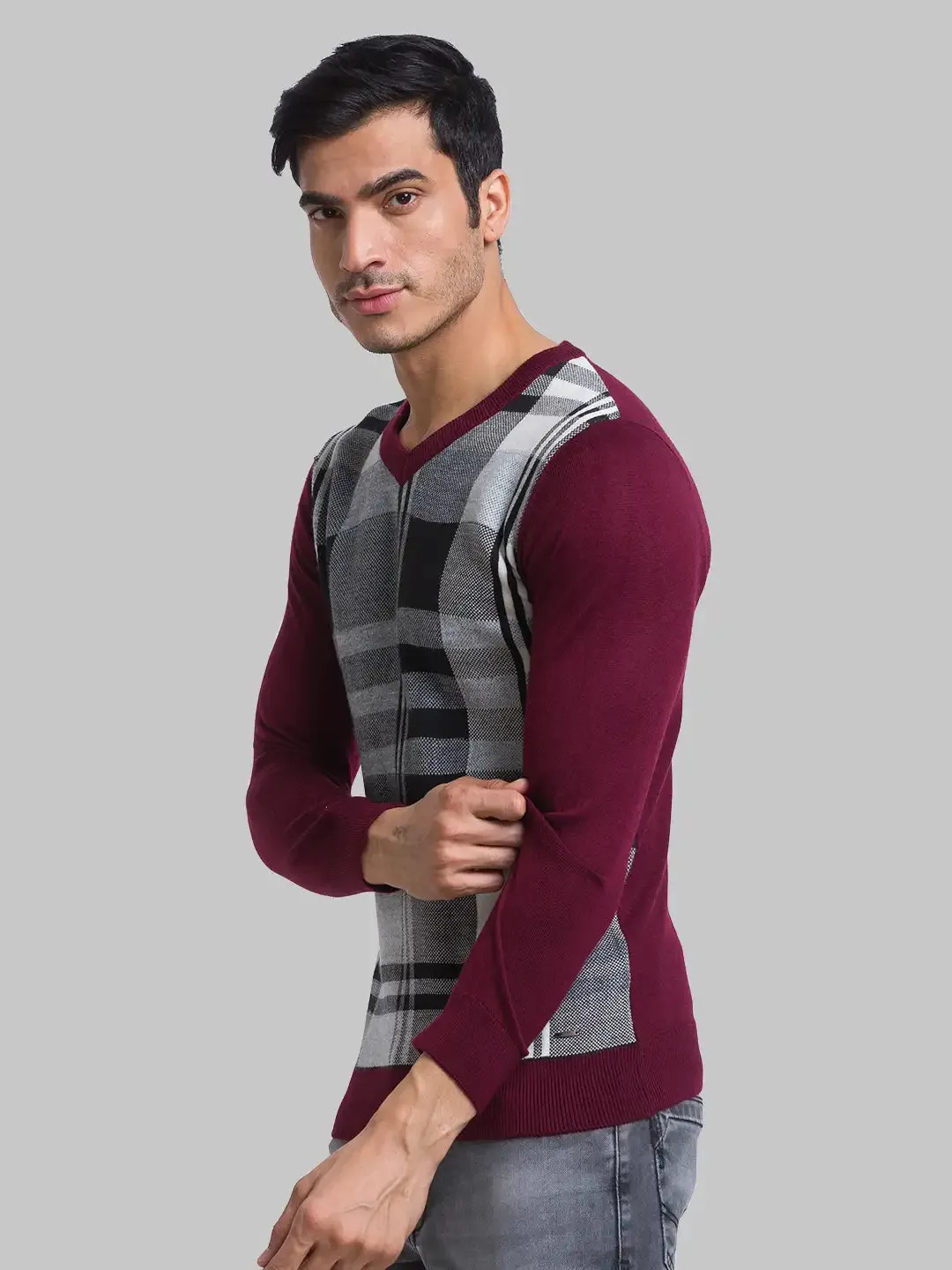 Men Maroon Yarn Dyed Acrylic Blend Full Sleeve Sweaters