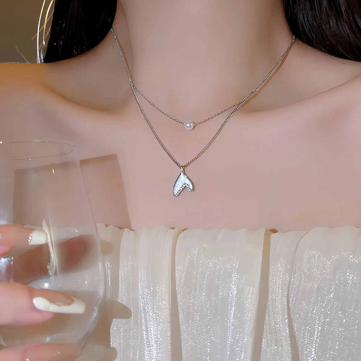Necklace Double Layer Pearl Fishtail HXNX1080