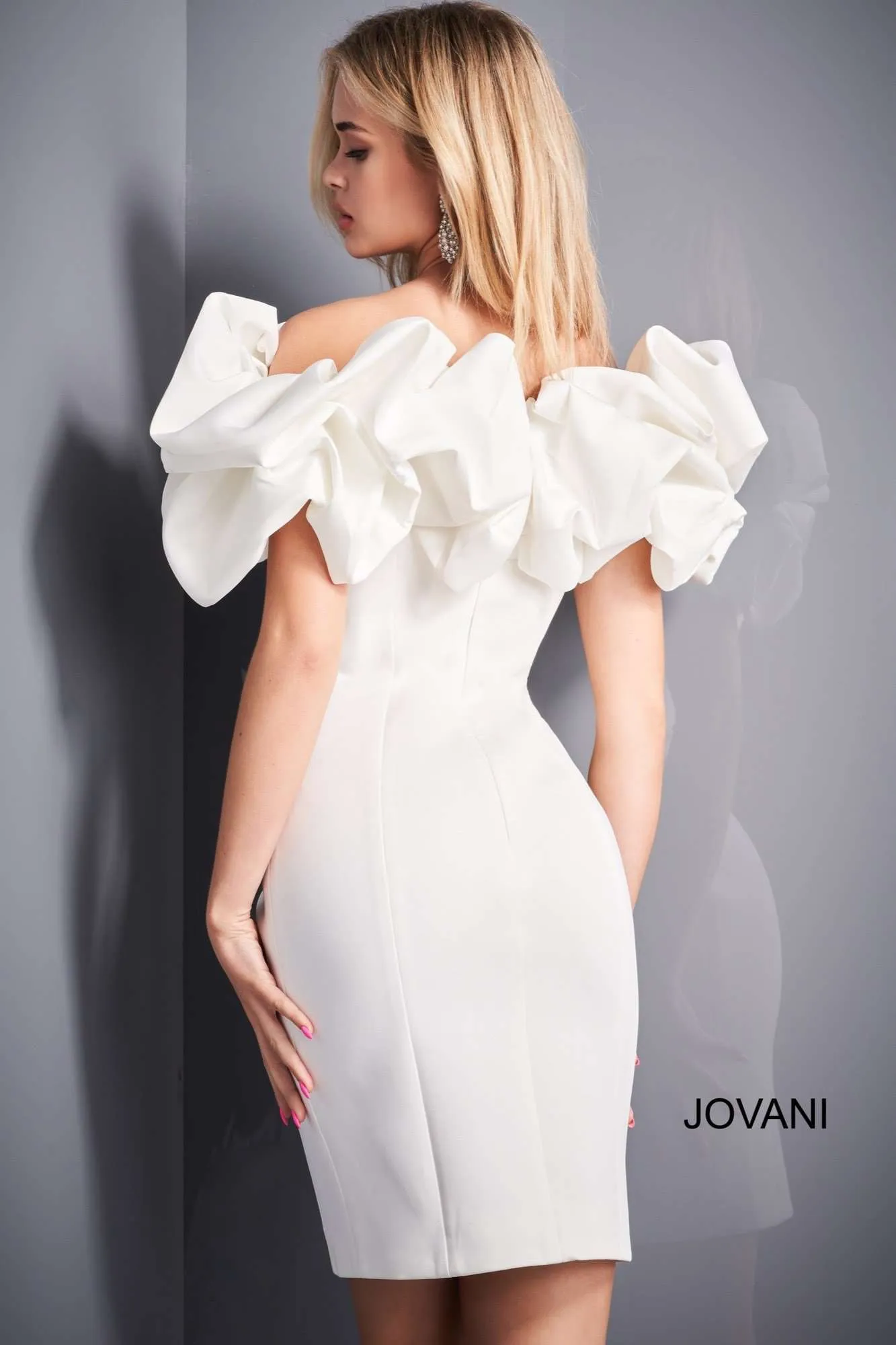 Off the Shoulder Ruffle Neckline Cocktail Dress Jovani 04367