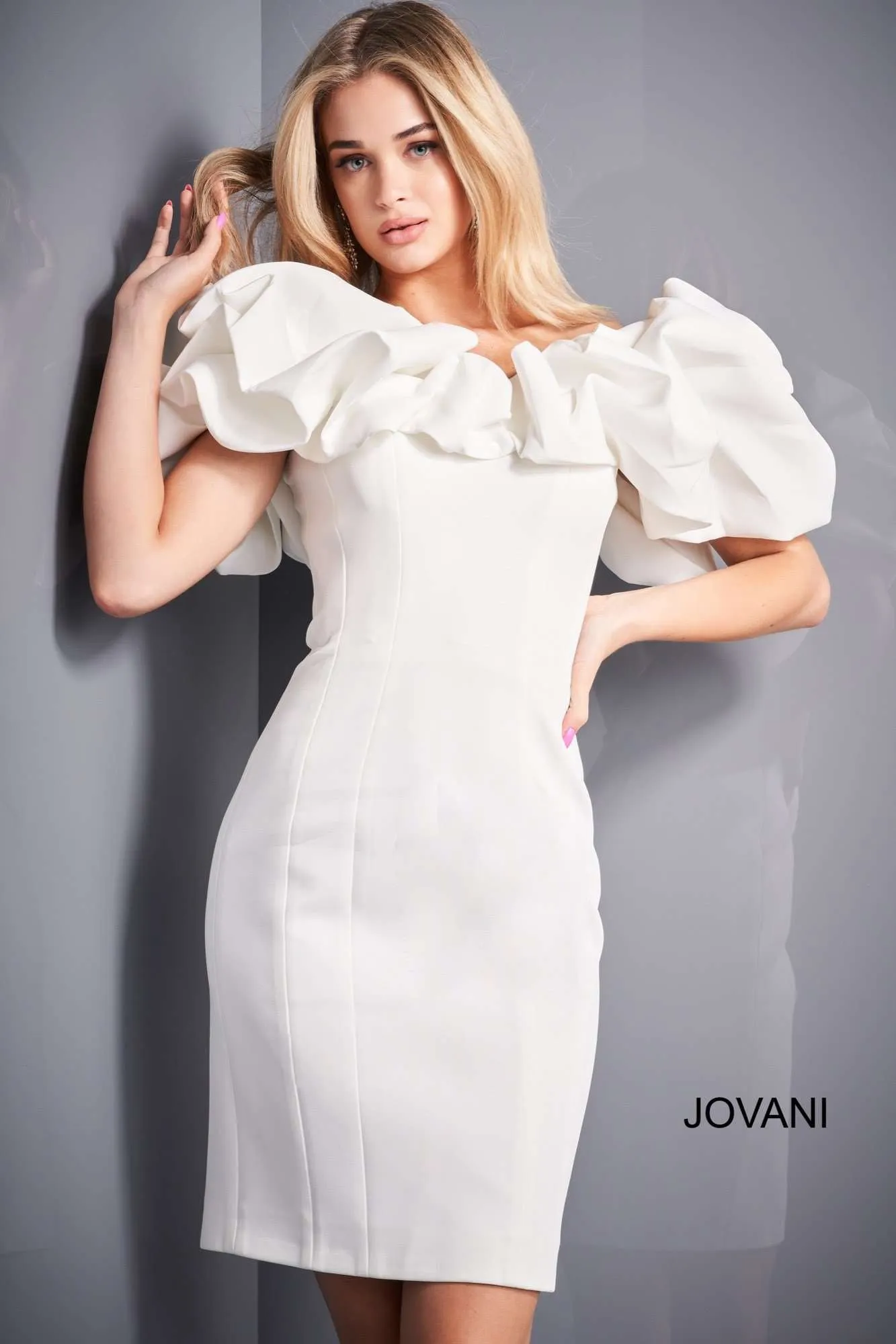 Off the Shoulder Ruffle Neckline Cocktail Dress Jovani 04367