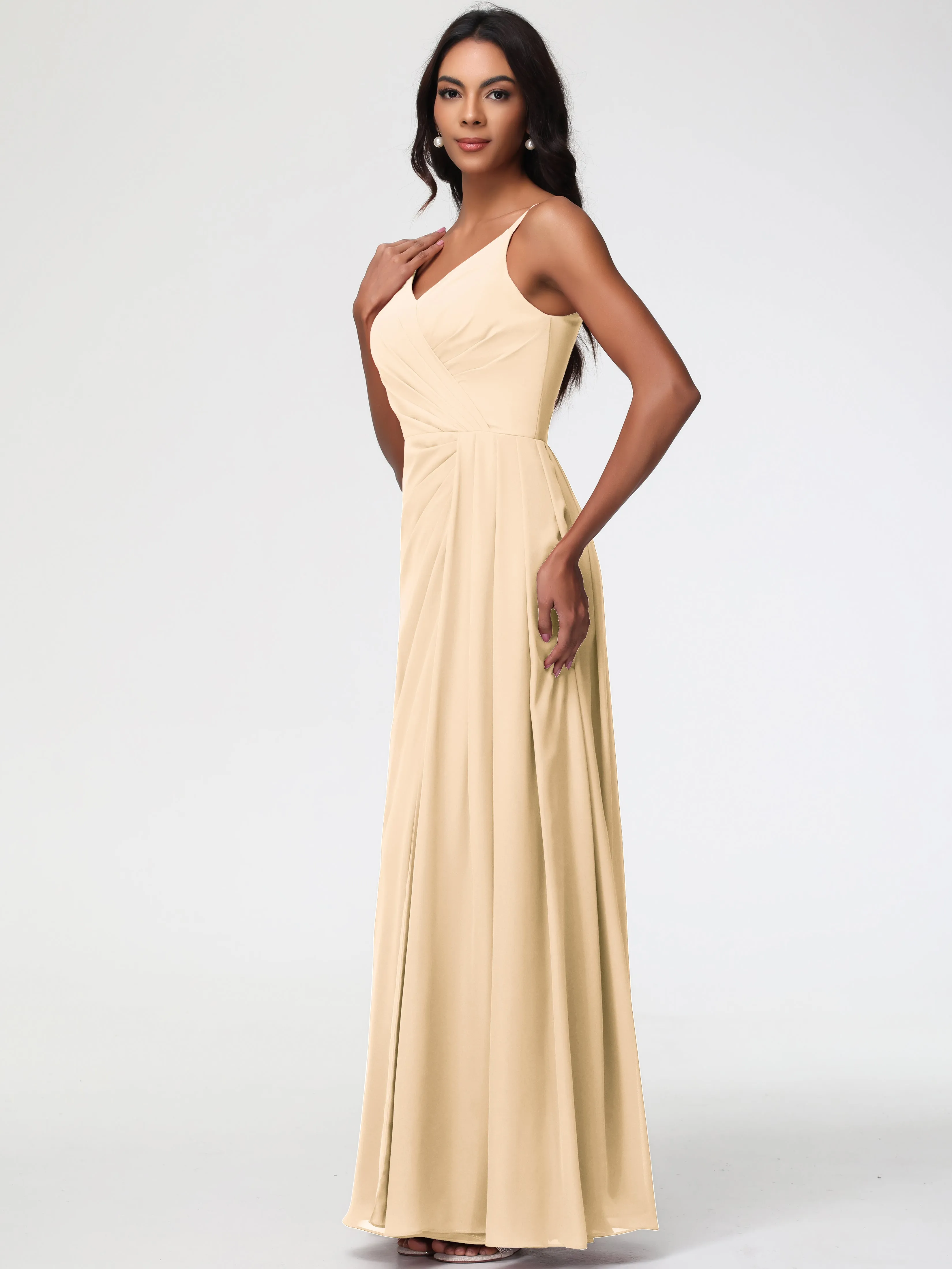 Peach Bridesmaid A-Line V-Neck Spaghetti Straps Ruched Chiffon Bridesmaid Dresses With Slit