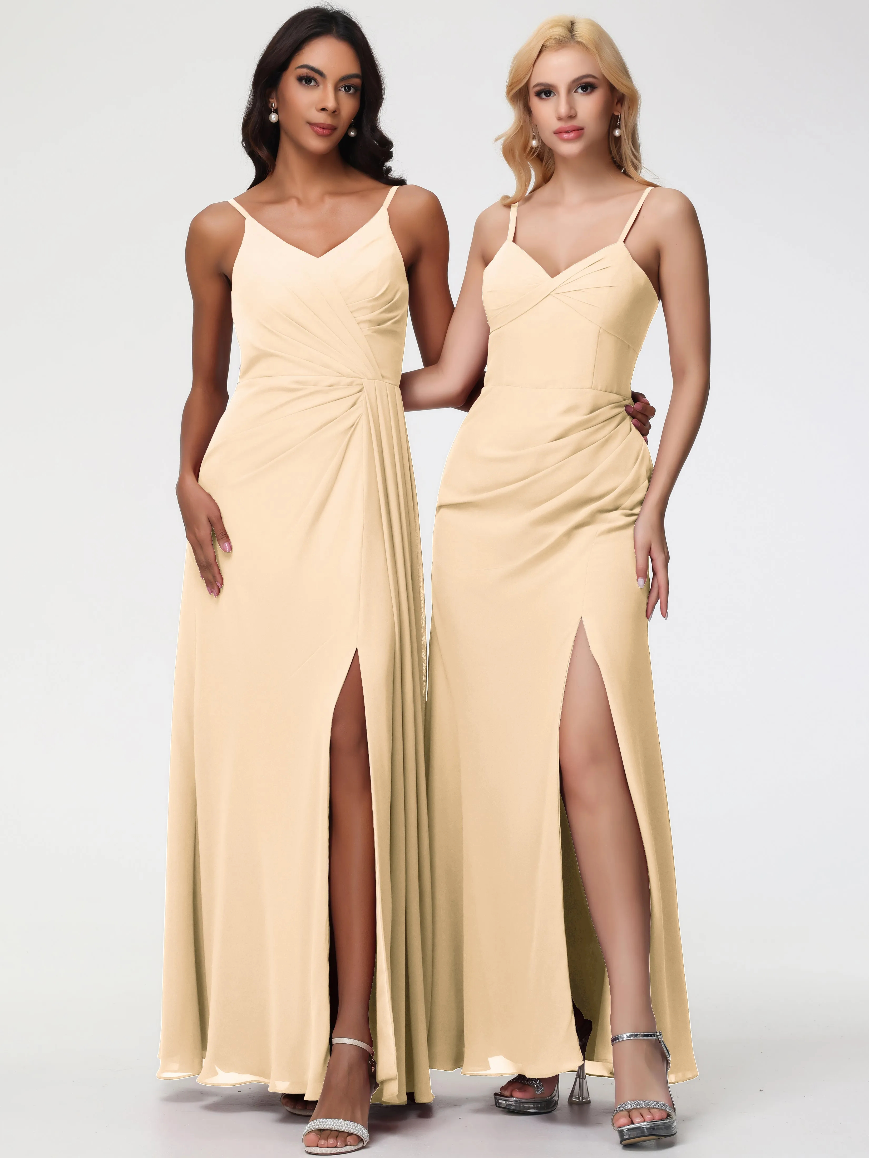 Peach Bridesmaid A-Line V-Neck Spaghetti Straps Ruched Chiffon Bridesmaid Dresses With Slit