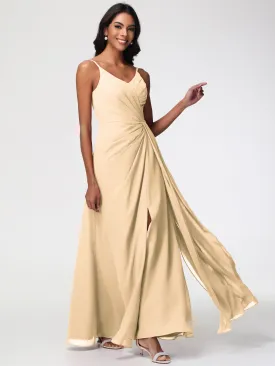Peach Bridesmaid A-Line V-Neck Spaghetti Straps Ruched Chiffon Bridesmaid Dresses With Slit