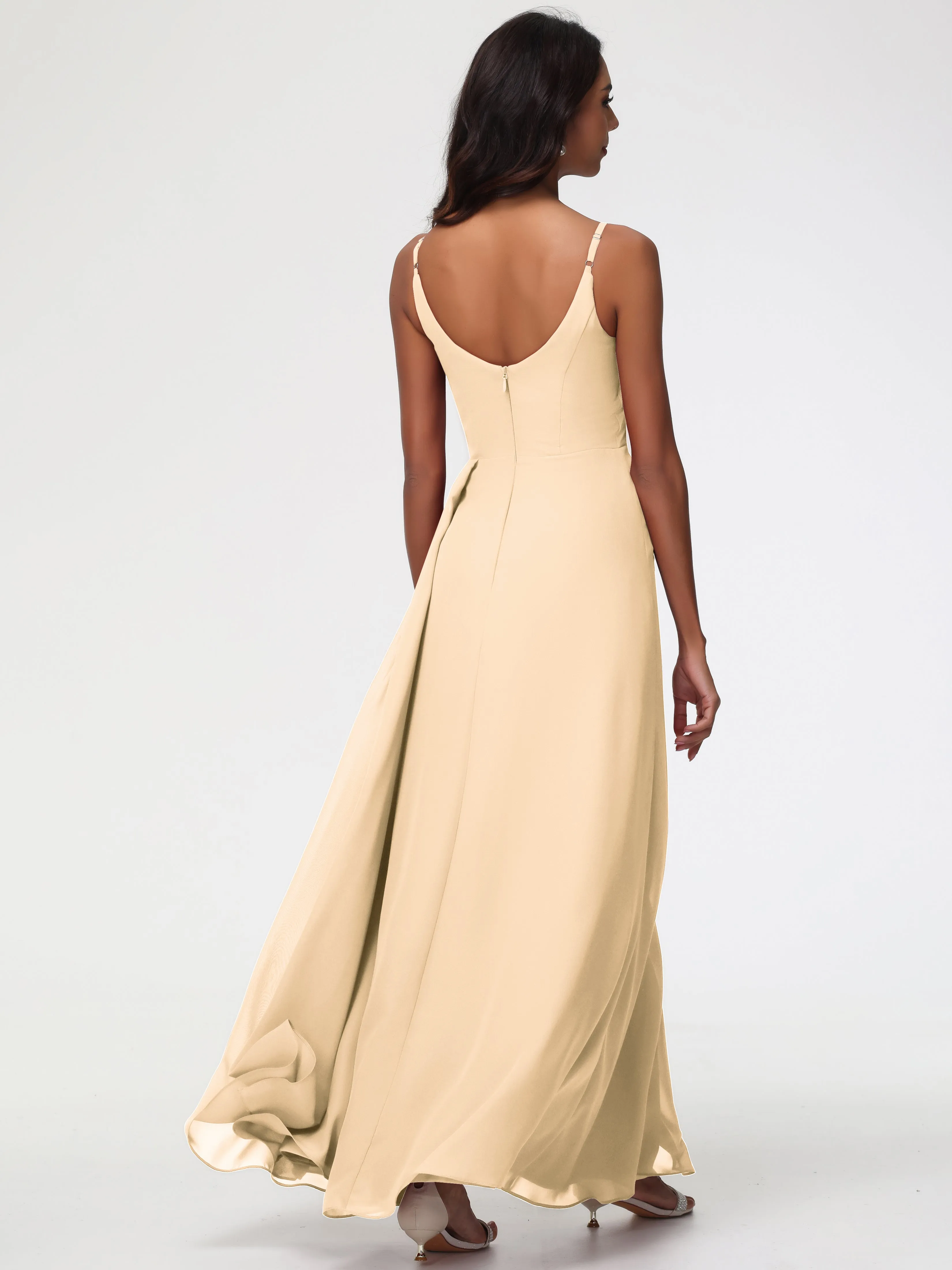 Peach Bridesmaid A-Line V-Neck Spaghetti Straps Ruched Chiffon Bridesmaid Dresses With Slit