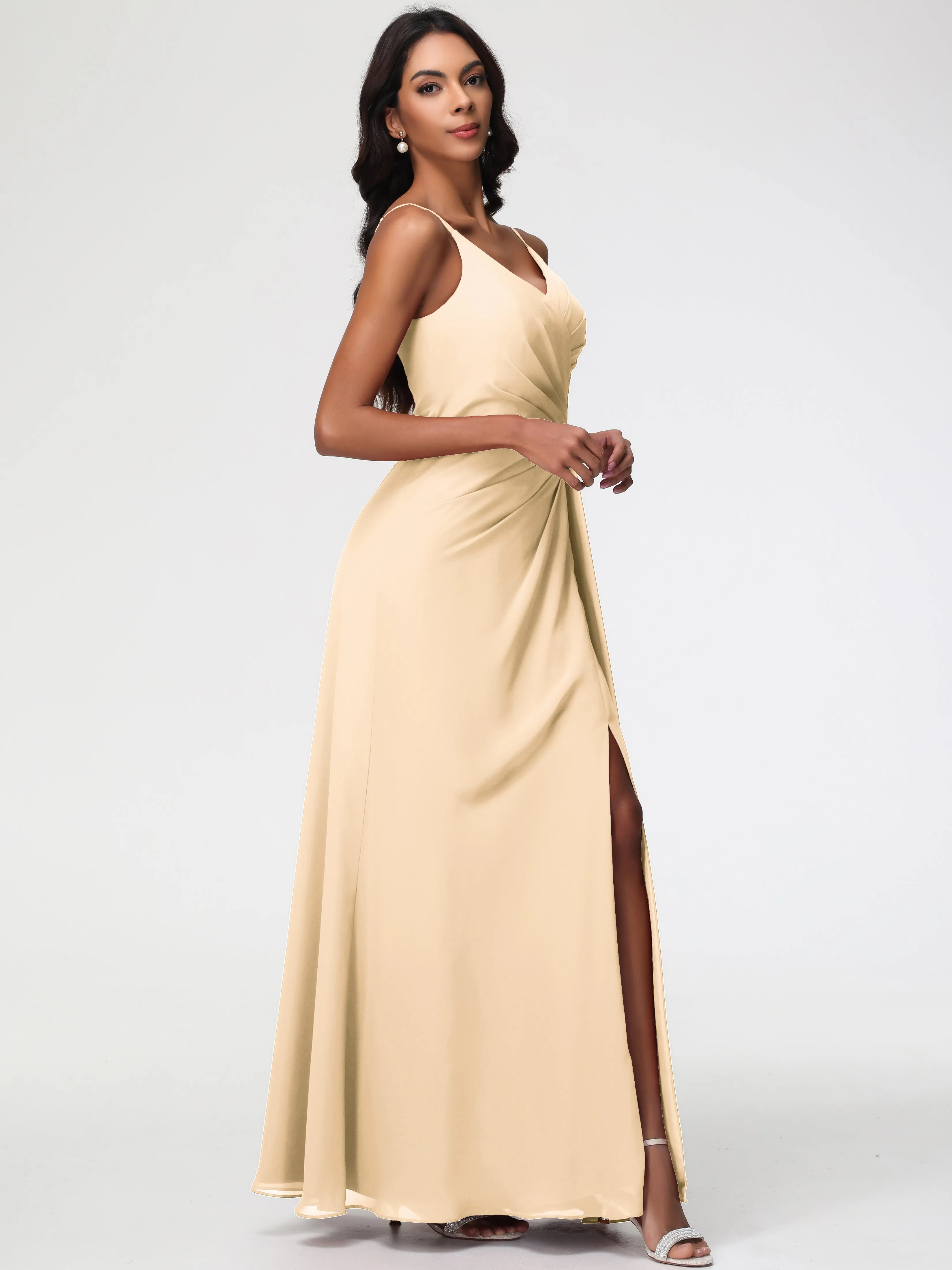 Peach Bridesmaid A-Line V-Neck Spaghetti Straps Ruched Chiffon Bridesmaid Dresses With Slit