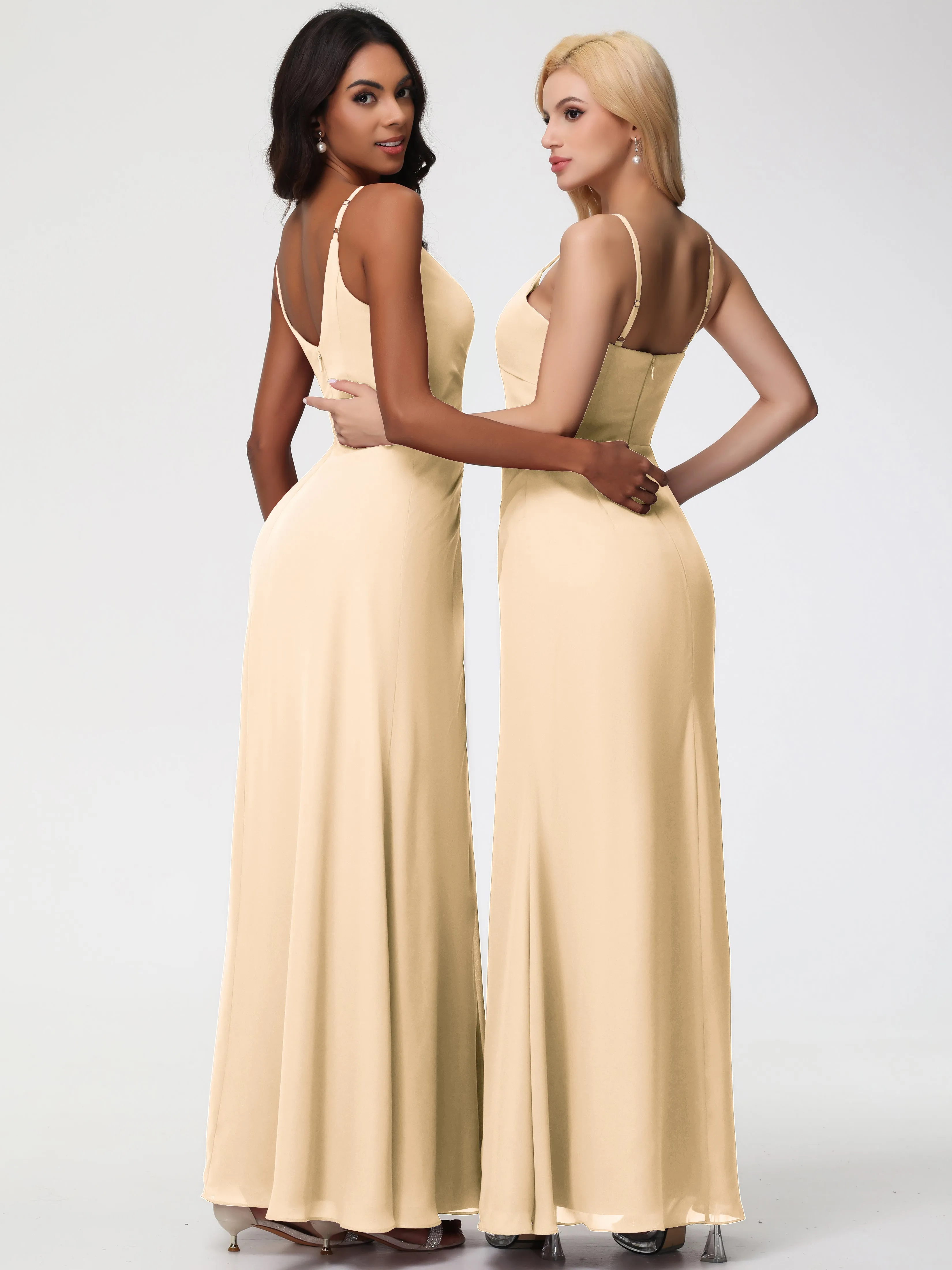 Peach Bridesmaid A-Line V-Neck Spaghetti Straps Ruched Chiffon Bridesmaid Dresses With Slit