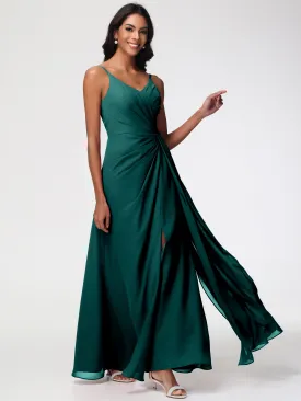 Peacock Colour Bridesmaid Dresses A-Line V-Neck Spaghetti Straps Ruched Chiffon Bridesmaid Dresses With Slit