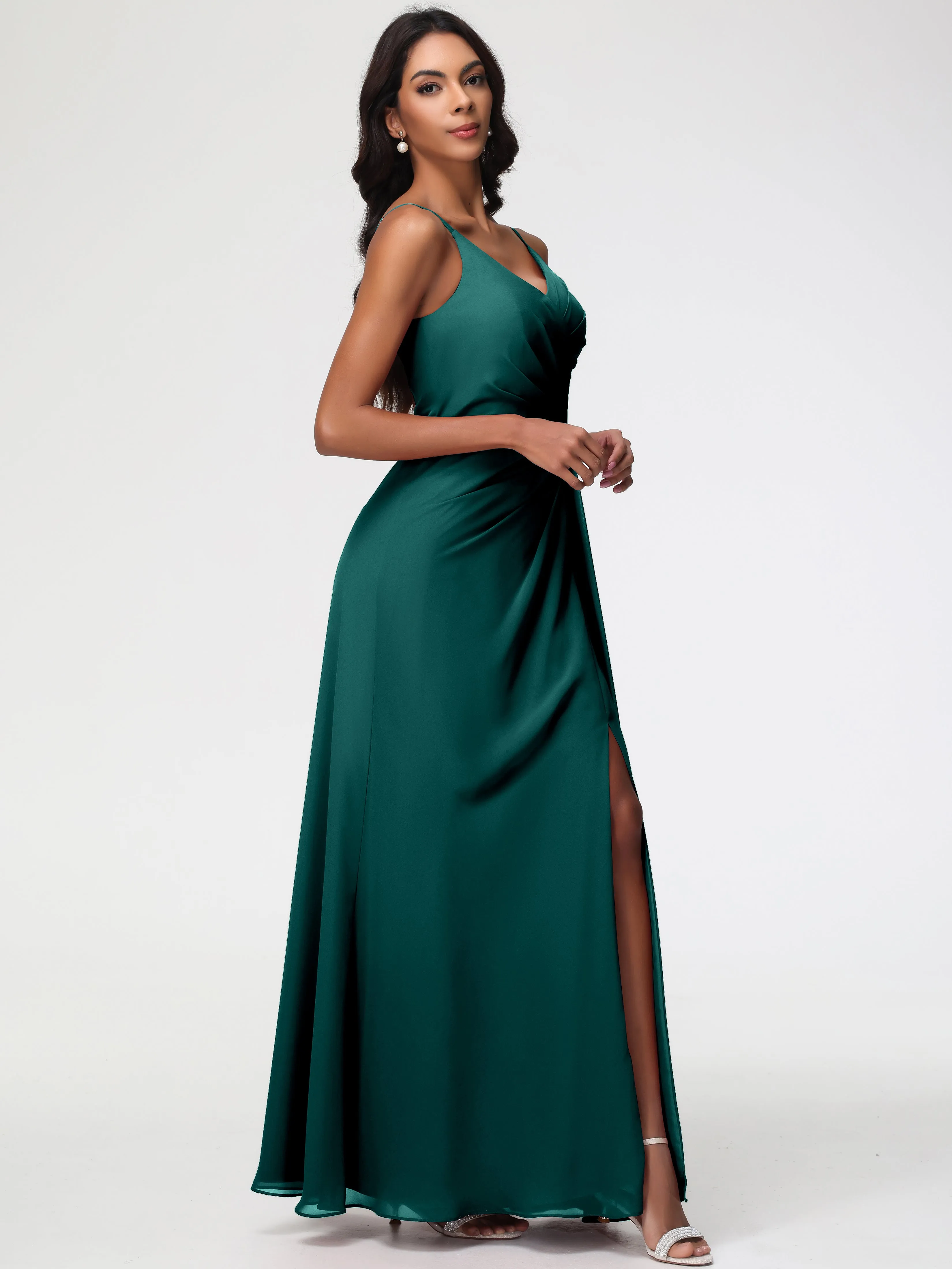 Peacock Colour Bridesmaid Dresses A-Line V-Neck Spaghetti Straps Ruched Chiffon Bridesmaid Dresses With Slit